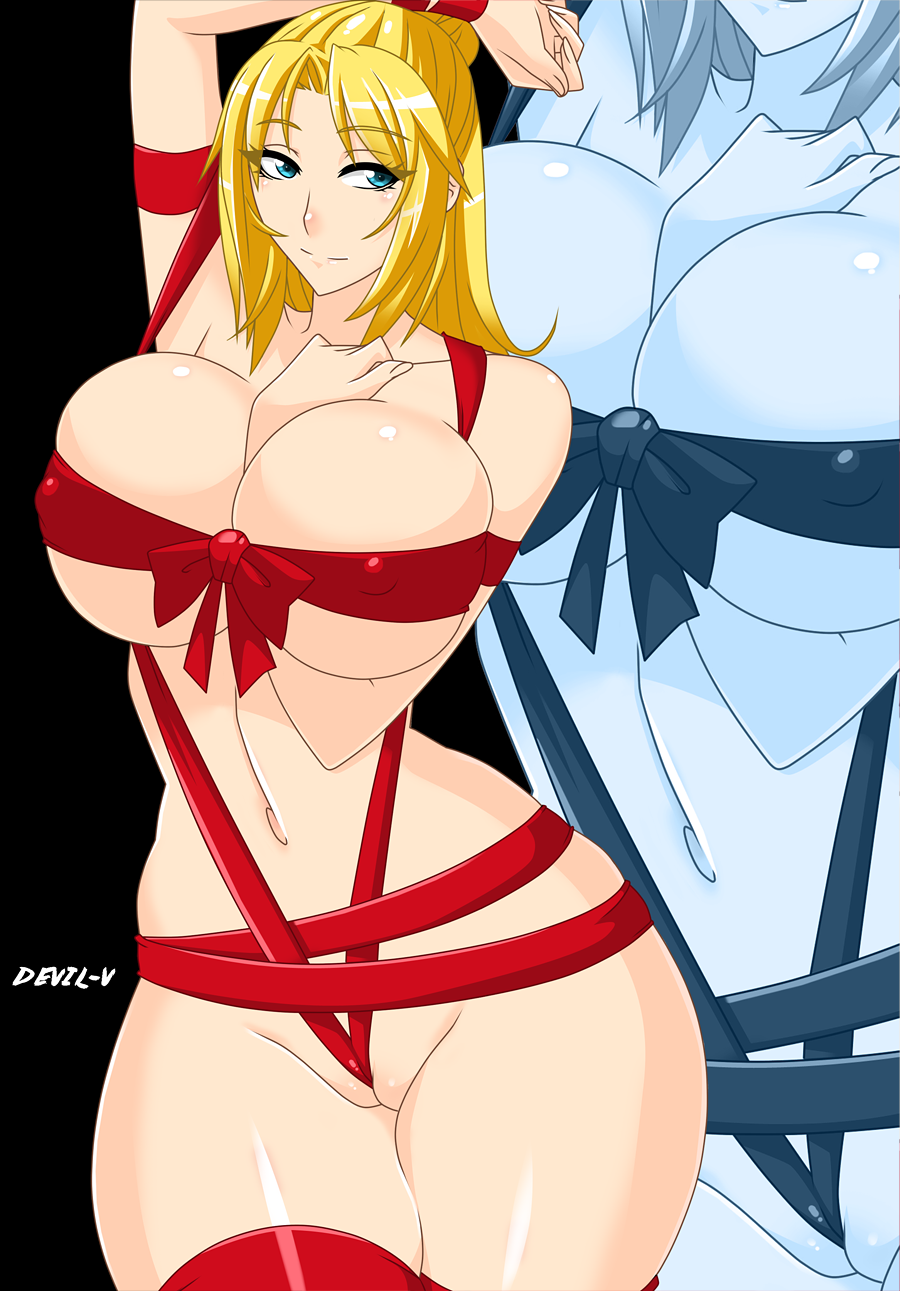 arm_between_breasts armlet between_breasts blonde_hair blue_eyes breasts cleavage devil-v female final_fantasy final_fantasy_iv huge_breasts long_hair naked_ribbon navel nude partially_visible_vulva ponytail raised_arm red_legwear ribbon rosa_farrell smile solo thighhighs tied_hair zoom_layer