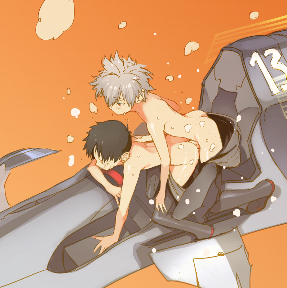 2boys anal anal_sex ass black_hair brown_hair brown_hair_bottom closed_eyes cockpit domination femboy gay girly gray_hair hobak human kaworu_nagisa light_hair_on_dark_hair male mecha multiple_boys neon_genesis_evangelion nude pale_skin penis plugsuit red_eyes sex shinji_ikari short_hair straddling uncensored white_hair white_hair_on_brown_hair white_hair_top yaoi