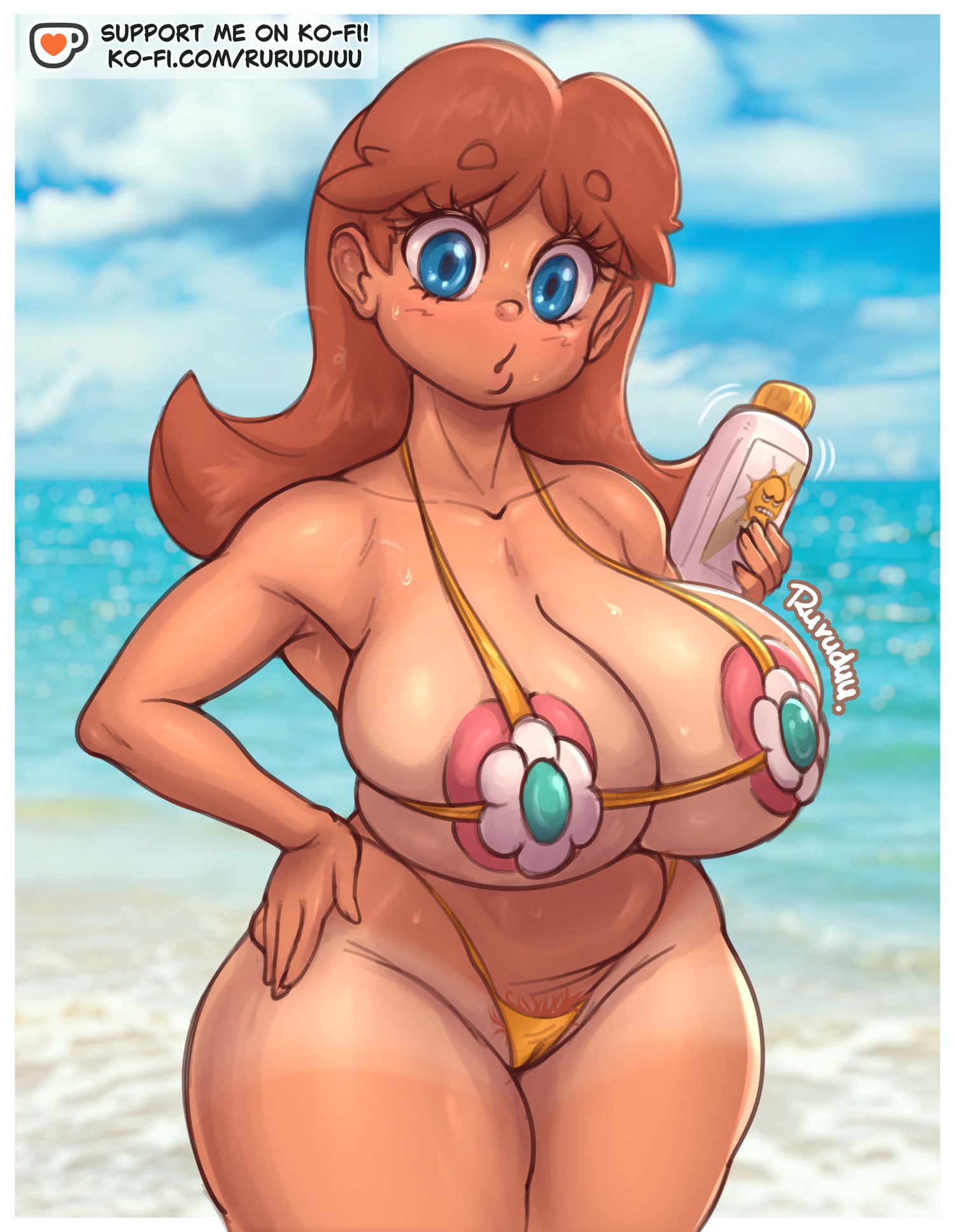 1girls, areola slip, big areola, big breasts, big nipples, bimbo, blue eyes, breasts, brown eyes, busty, chair, ear piercing, earrings, female, female only, huge areolae, huge nipples, large breasts, looking at viewer, mario (series), micro bikini, nintendo, nipple slip, nipples, orange hair, outside, princess daisy, pubic hair, pubic hair peek, royalty, ruruduu, solo, solo female, sunscreen, sweat, swimsuit, thick thighs, thighs, thong, thong bikini, wide hips
