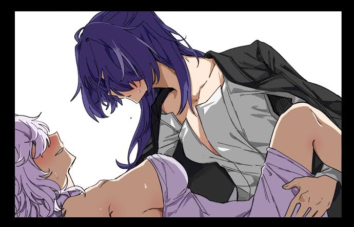 acheron (honkai: star rail), black swan (honkai: star rail), female, futa on female, futanari, honkai: star rail, hoyoverse, intersex, navy blue hair, purple hair, sweat, sweatdrop, sweating