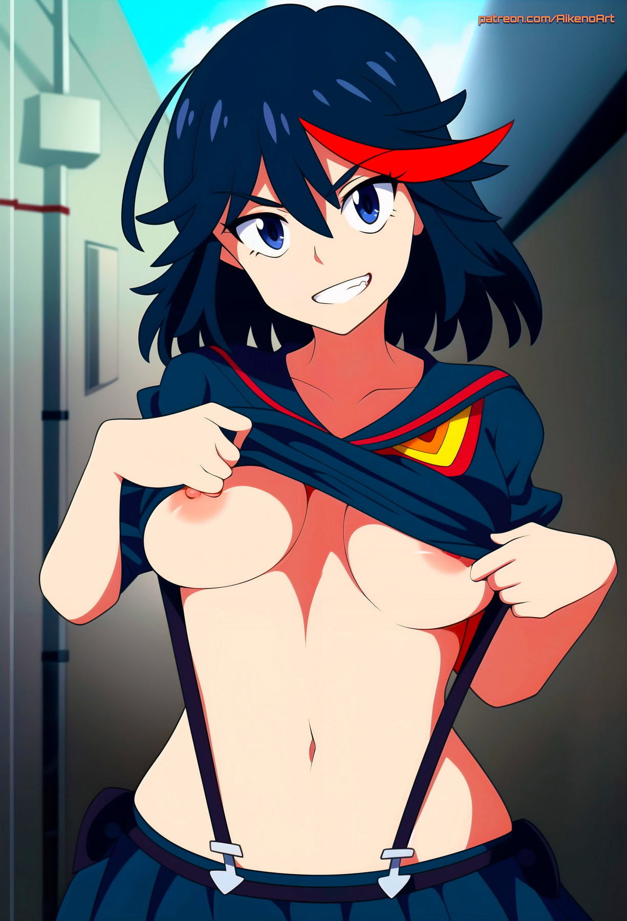abs, ai generated, aikenoart, blush, breasts, curvy, female, female only, grin, kill la kill, looking at viewer, matoi ryuuko, midriff, muscular, muscular female, natural tits, nipple slip, red highlights, self upload, shiny skin, skimpy, skirt, smug, solo