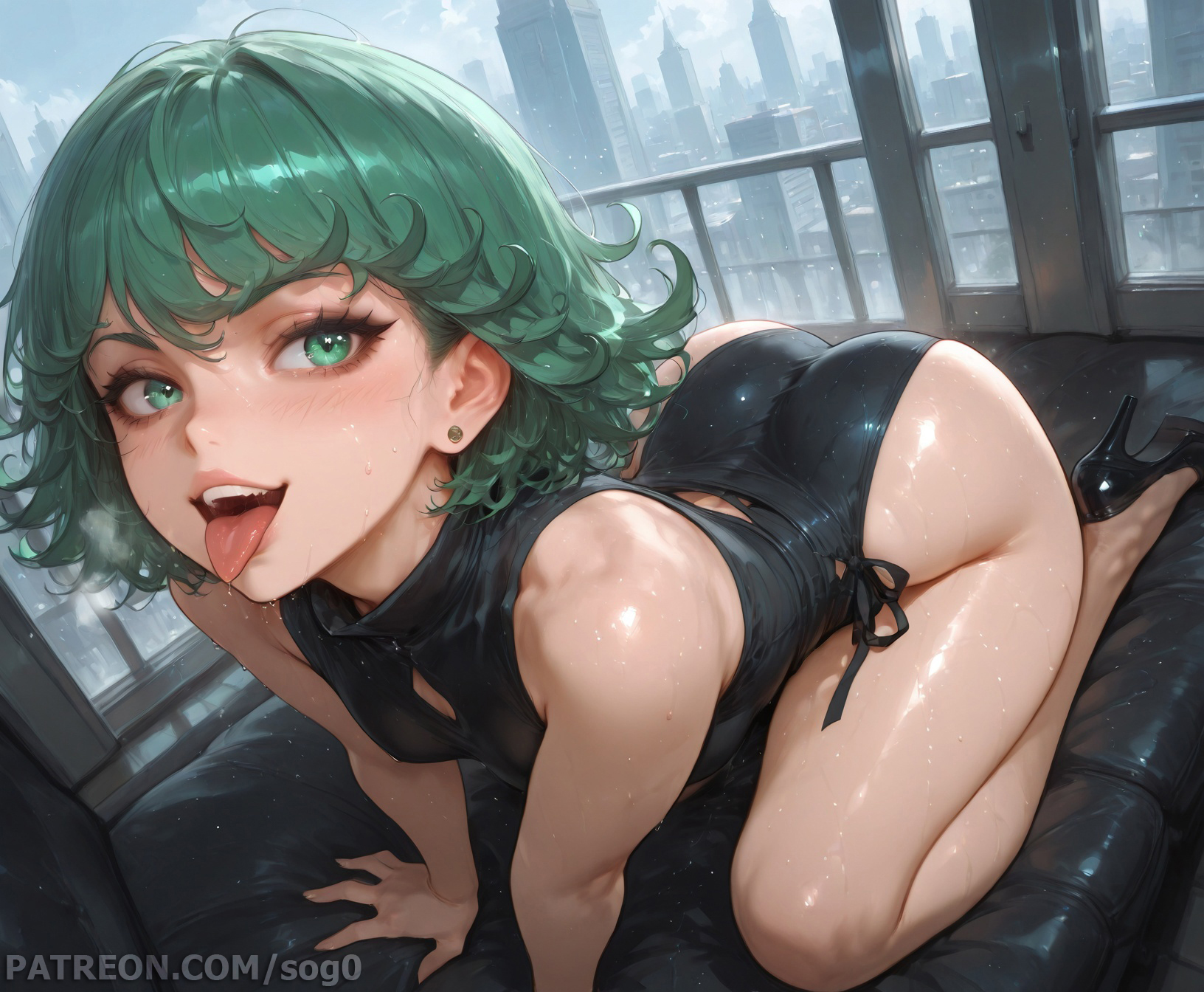 1girls, ai generated, all fours, ass, big ass, breasts, curvaceous, curvy, fellatio gesture, female, green eyes, green hair, heels, light skin, light-skinned female, mature female, medium breasts, one-punch man, oral invitation, patreon, patreon username, short hair, small breasts, sogo, solo, tatsumaki, thick thighs, tight clothing, tongue, tongue out, wide hips