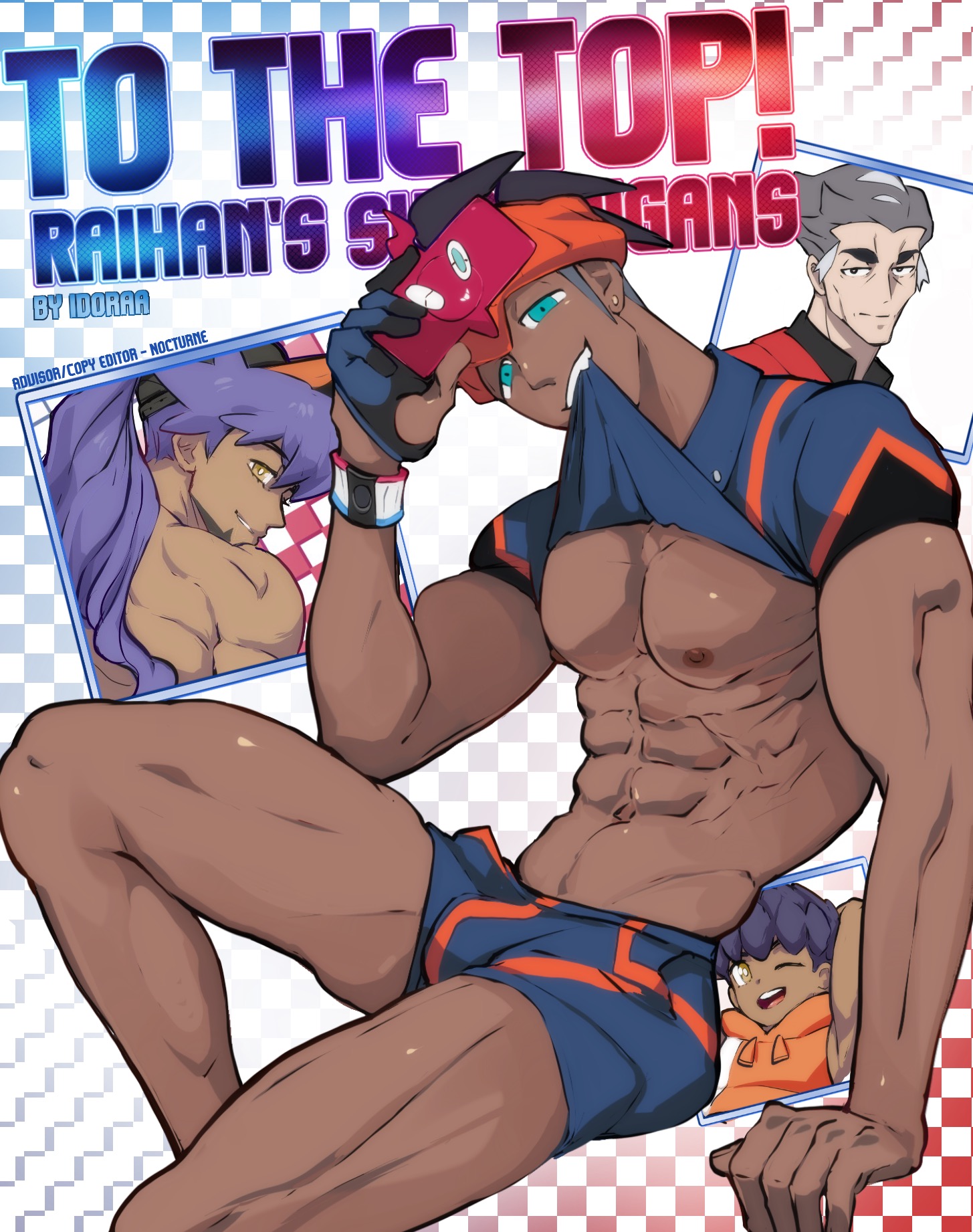 biting shirt, blue eyes, comic, comic cover, dark skin, dark-skinned male, gay, holding phone, hop (pokemon), idoraad, kabu (pokemon), leon (pokemon), lifted shirt, lilprincyvi, male, muscular, muscular male, nintendo, pokemon, raihan (pokemon), solo focus, tagme, yaoi