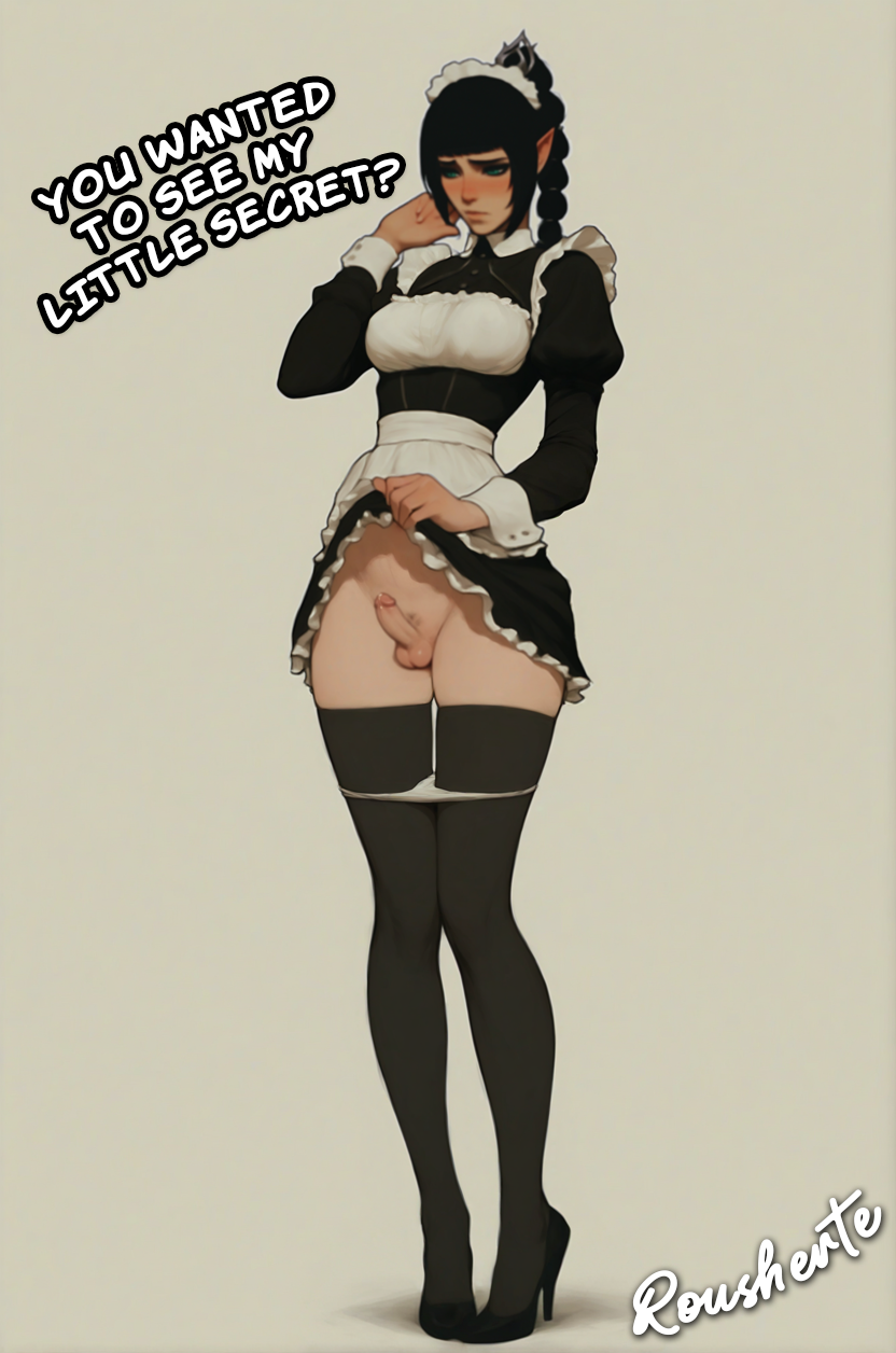 ai_generated baldur's_gate_3 blush dark_hair erection futa_sans_pussy futanari futanari_focus high_heels lifting_skirt maid maid_outfit maid_uniform penis ponytail precum pubic_hair rousherte shadowheart shy skirt_lift small_balls small_penis solo_futa stockings tagme tall_female tall_futa tall_girl thin_waist
