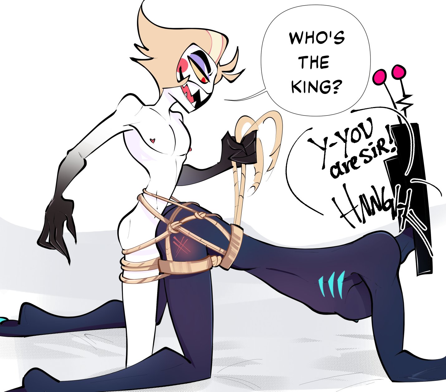 anal, anal sex, blonde hair, bondage, gay, gay domination, gay sex, hazbin hotel, heart nipples, lucifer morningstar (hazbin hotel), male, marking, pinksartdump, vox (hazbin hotel), white body