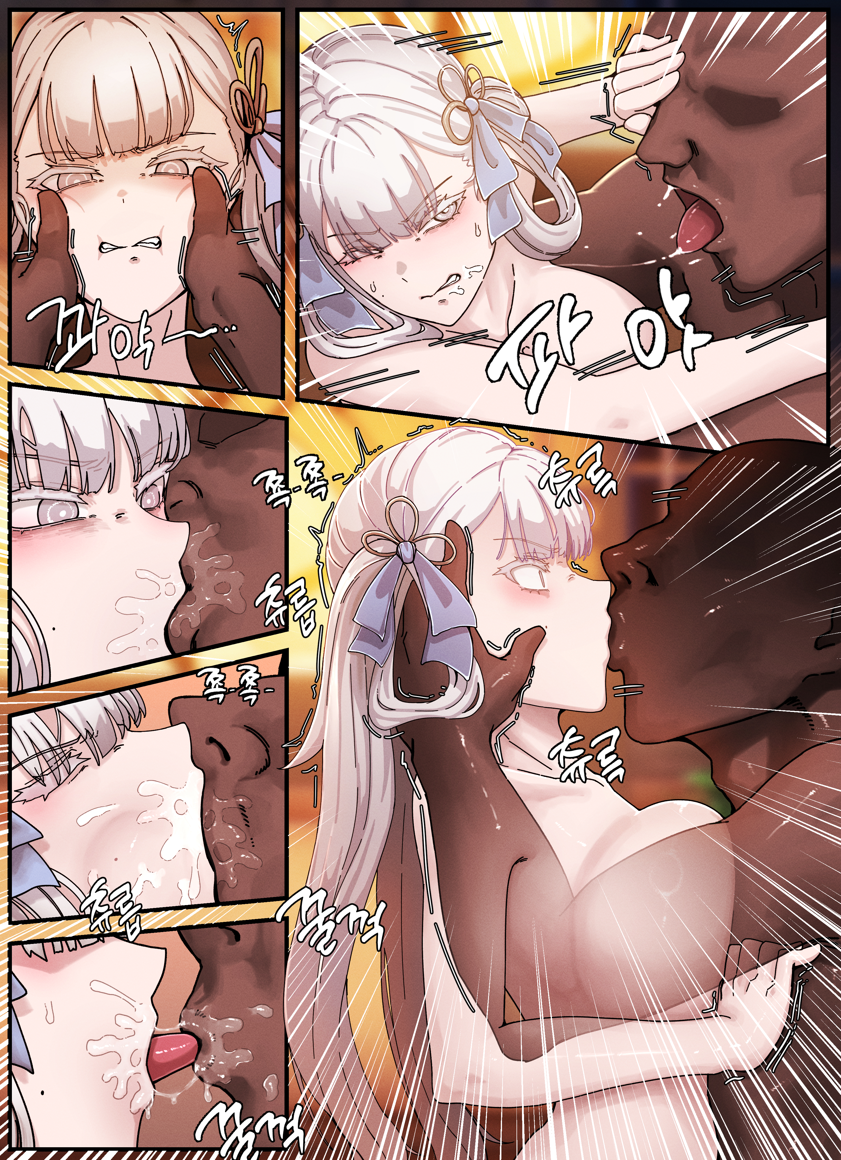 1boy, blush, breasts, collarbone, completely nude, dark-skinned male, deep kiss, deep kissing, earrings, female, forced kiss, grey eyes, grey hair, horori (halloweenday309), huge breasts, jewelry, jinhsi (wuthering waves), kissing, licking, licking cheek, long hair, male, mole, mole on cheek, nipples, nude, penis, rape, sex, solo focus, straight, sweat, twintails, very long hair, wuthering waves, wuthering waves gravure