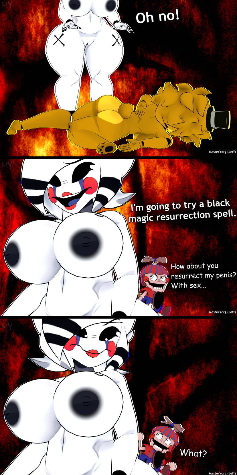 1boy, 2girls, 3d, 3d (artwork), ass, balloon boy (fnaf), breasts, family guy, family guy death pose, fat ass, female, five nights at freddy's, fredina's nightclub, funny, golden freddy (fnaf), golden hair, male, marie (cally3d), marie (cryptia), marionette (fnaf), masteryorg0, meme, puppet (fnaf), tagme, thick thighs, thighs