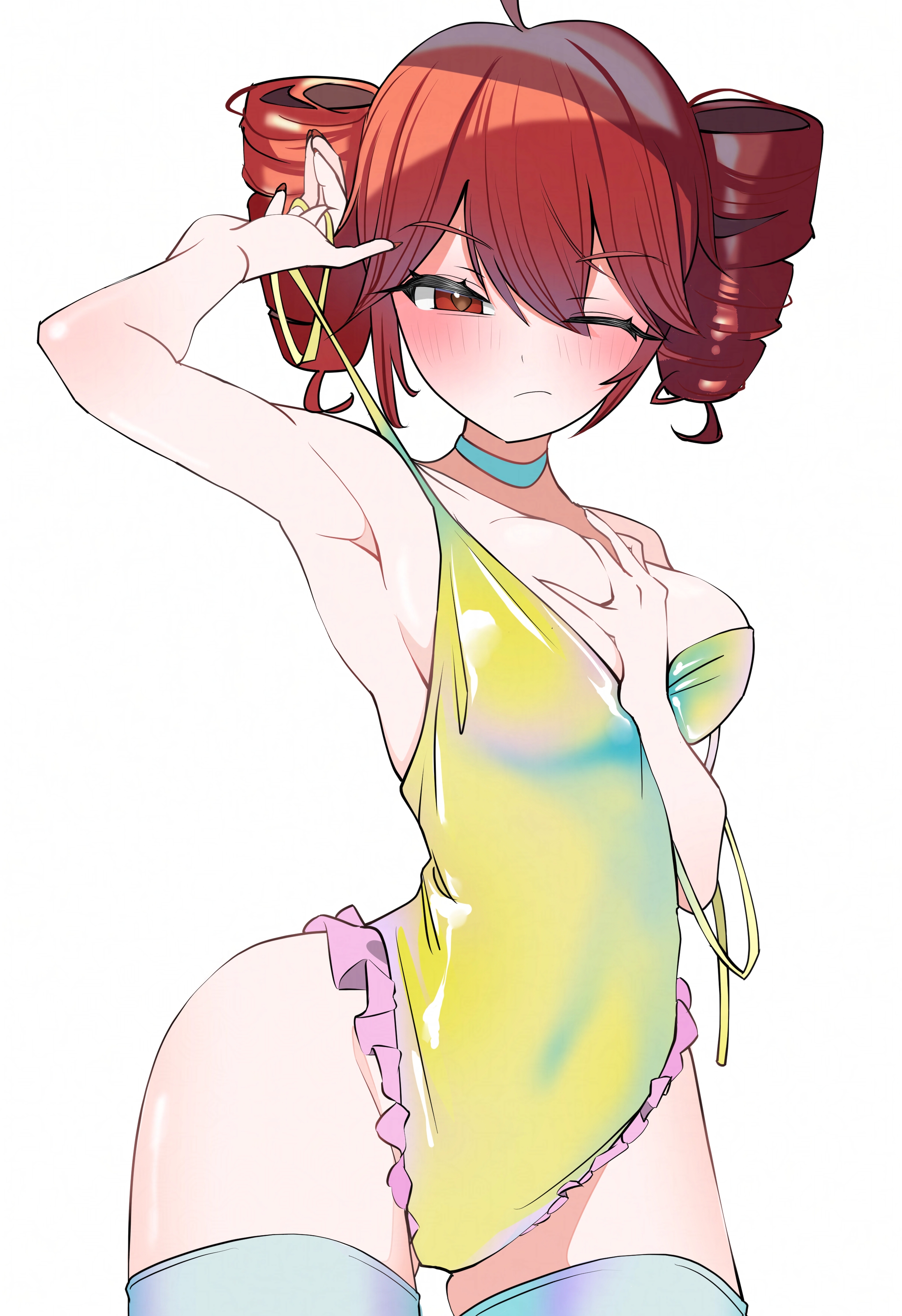 1girls, 2d, 2d (artwork), armpits, artist request, big breasts, blush, blush lines, breasts, child bearing hips, choker, cleavage, female, female only, high leg leotard, hourglass figure, kasane teto, large breasts, leotard, one eye closed, red eyes, red hair, solo, solo female, strap slip, swimsuit, thick thighs, thigh gap, thighhighs, thighs, twin drills, utau, white background, wide hips
