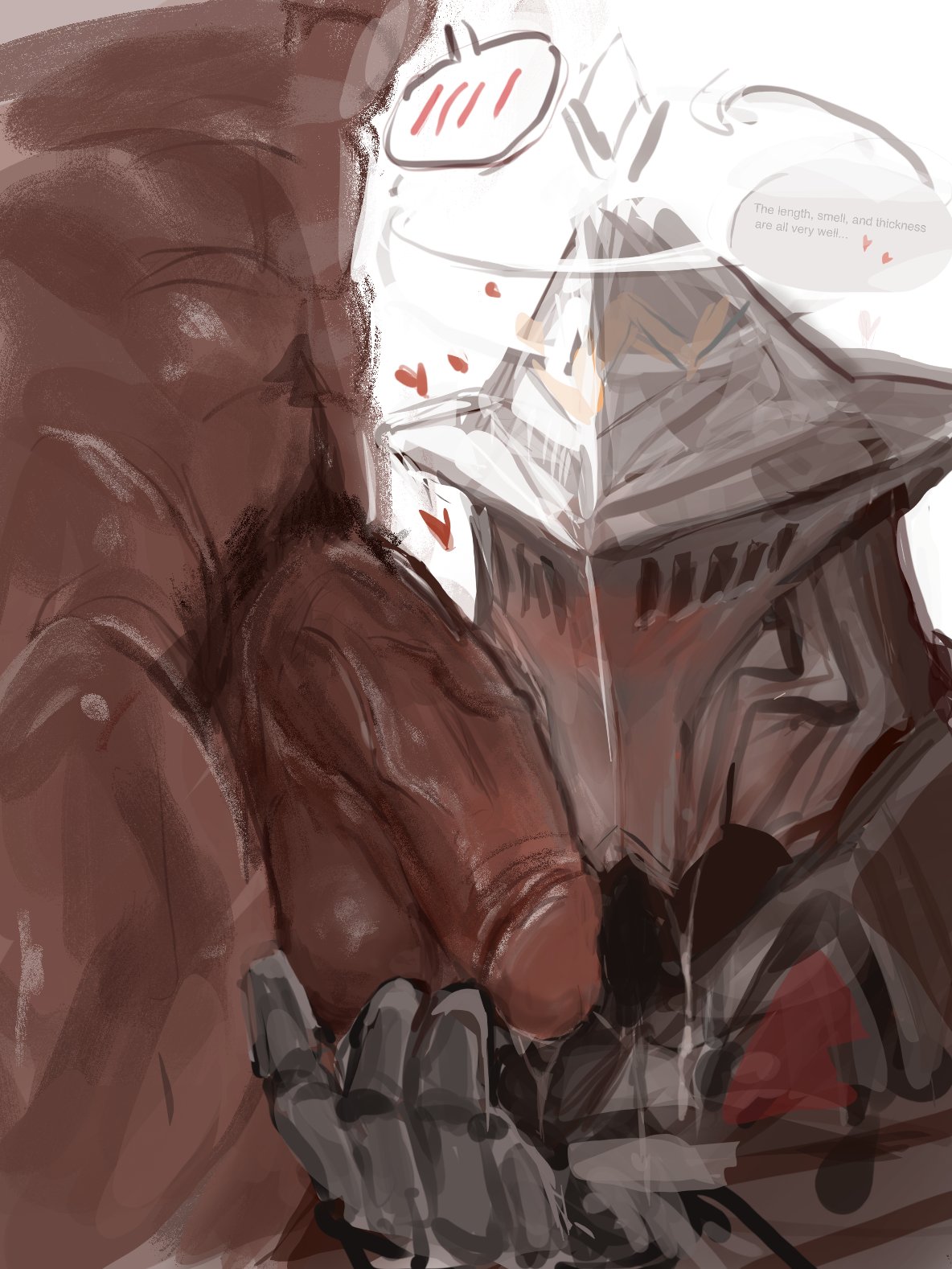 abs, anmei ftnn, arknights, armored gloves, balls, bara, blush, english text, flaccid, gay, halo, heart, helmet, male, male only, mostly nude, partially clothed, penis, playing with balls, sankta miksaparato, speech bubble, tagme, yaoi