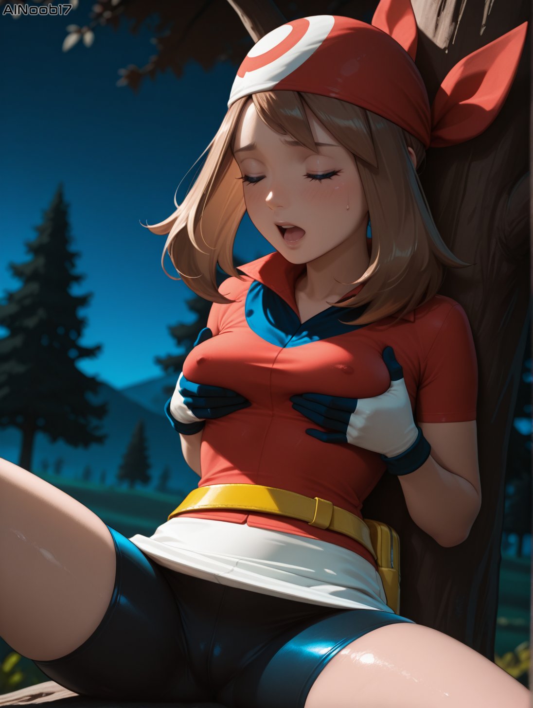 1girls, ai generated, ainoob17, breasts, clothing, female, grabbing own breast, masturbation, may (pokemon oras), may (pokemon), moaning, pokemon, solo, tagme, teenage female, teenager