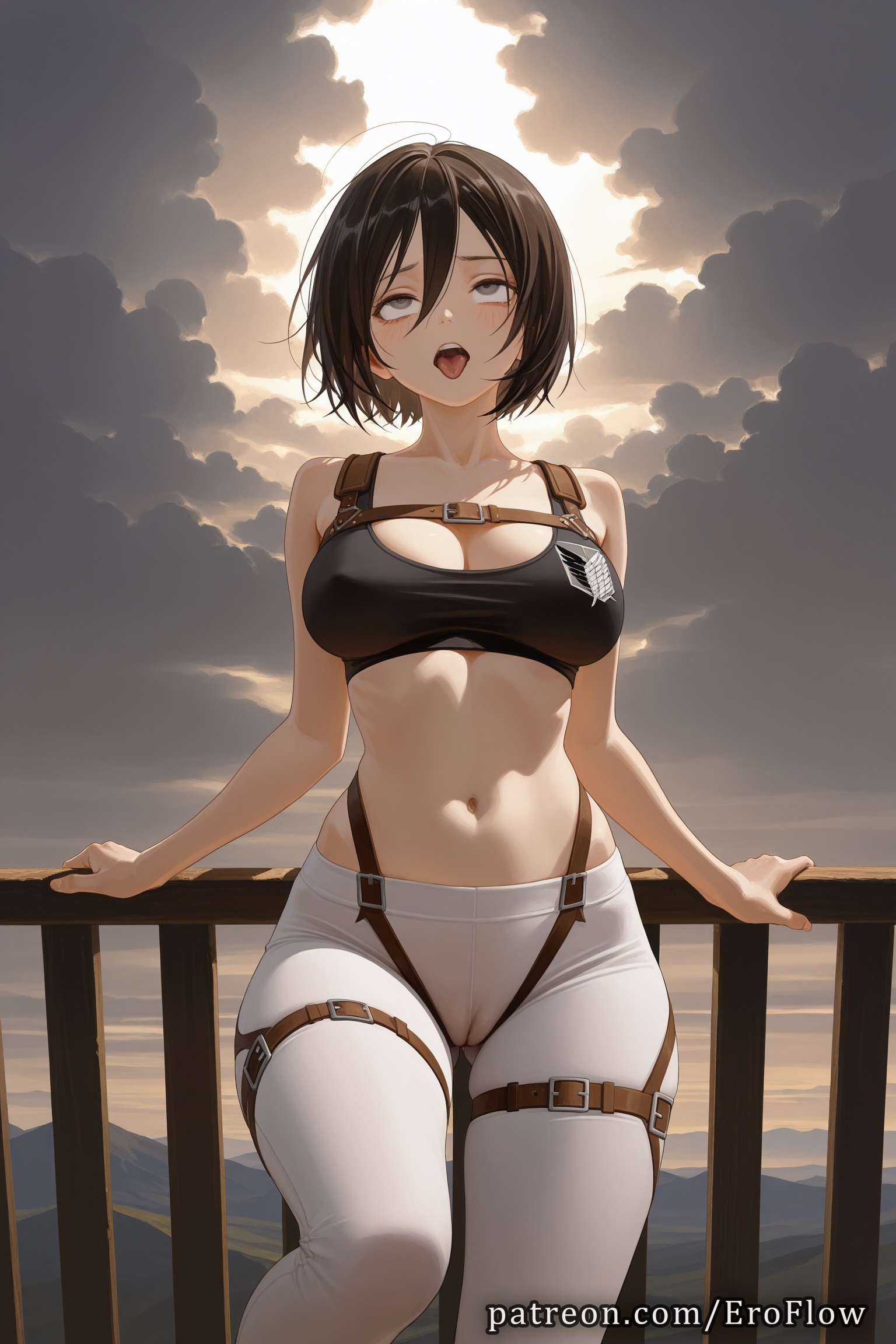 1girls, 2025, against railing, ahe gao, ai generated, ass visible through thighs, attack on titan, belt, black hair, black sports bra, breasts, cameltoe, cleavage, cloud, cloudy sky, collarbone, eroflow, female, genitals, hair between eyes, hi res, highres, large breasts, lipstick, looking at viewer, makeup, mikasa ackerman, mikasa ackerman (cosplay), navel, open mouth, outdoors, pants, patreon, pussy, pussy juice, railing, saliva, shingeki no kyojin, short hair, sky, solo, sports bra, standing, tank top, thigh strap, tight pussy, tongue, tongue out, voluptuous, voluptuous female, white pants