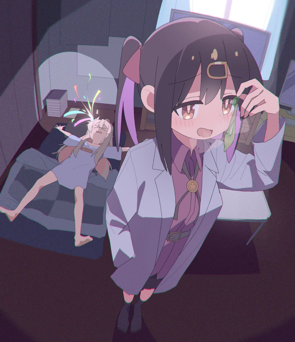 >_< 2girls 2mai84 :d barefoot belt black_hair bolo_tie book book_stack brown_eyes condom confetti hair_ribbon highres holding holding_condom implied_after_sex implied_futanari implied_incest indoors lab_coat long_hair long_sleeves multicolored_hair multiple_girls no_pants onii-chan_wa_oshimai! open_mouth oyama_mahiro oyama_mihari pink_hair puffy_long_sleeves puffy_sleeves purple_hair red_ribbon red_shirt ribbon shirt siblings sisters smile streamers twintails two-tone_hair used_condom window