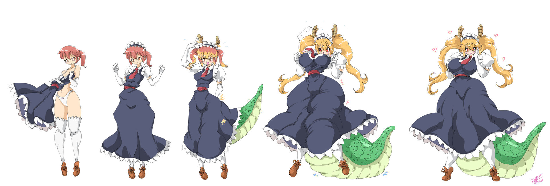 1girls, 2024, big breasts, blonde hair, body copy, bra, breast expansion, breast growth, breast growth (enlargement), breasts, brown eyes, brown shoes, clothed, clothed female, clothing, dragon tail, expansion, eye color change, female, female only, flat chest, glasses, gloves, hair color change, hip expansion, holding dress, horns, kobayashi, kobayashi-san chi no maidragon, light skin, light-skinned female, long gloves, maid, maid dress, maid headdress, maid outfit, maid uniform, medium breasts, miss kobayashi's dragon maid, oad-art, orange eyes, panties, ponytail, red hair, shoes, short ponytail, small breasts, solo, solo female, stockings, tail, thick thighs, thigh expansion, tohru (dragon maid), transformation, transformation sequence, twinning, twintails, twintails (hairstyle), voluptuous, voluptuous female, white bra, white gloves, white long gloves, white panties, white stockings, wide hips
