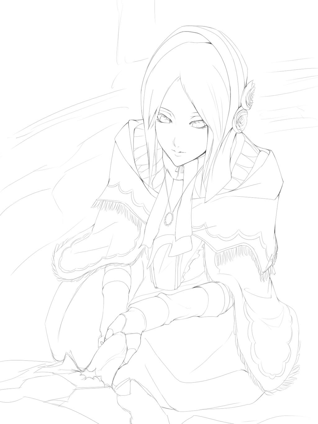 1girls, 2015, 2d, bangs, bloodborne, bonnet, clothing, doll, dress, expressionless, female, fromsoftware, handjob, kumiko (aleron), long hair, male, parted bangs, penis, plain doll, shawl, sketch