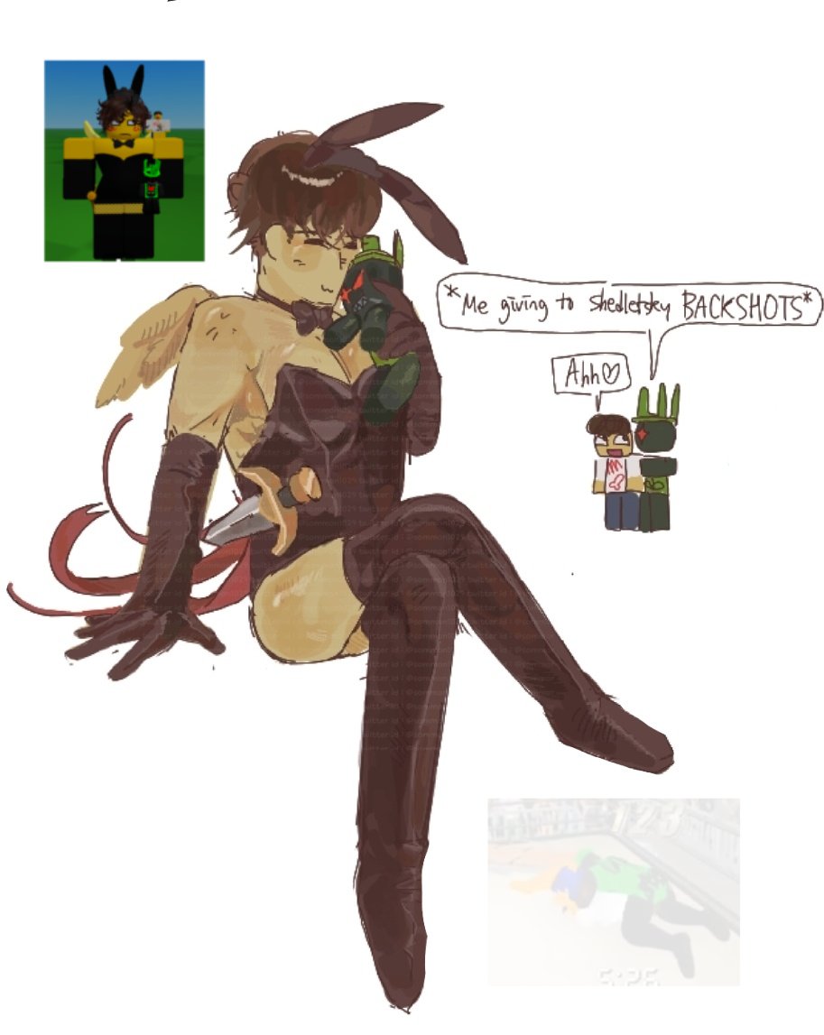 1x1x1x1 :3 blush bowtie_collar bunny_ears bunnysuit clothed forsaken_(roblox) plushie roblox roblox_game sfw shedletsky solo_male wings yellow_skin