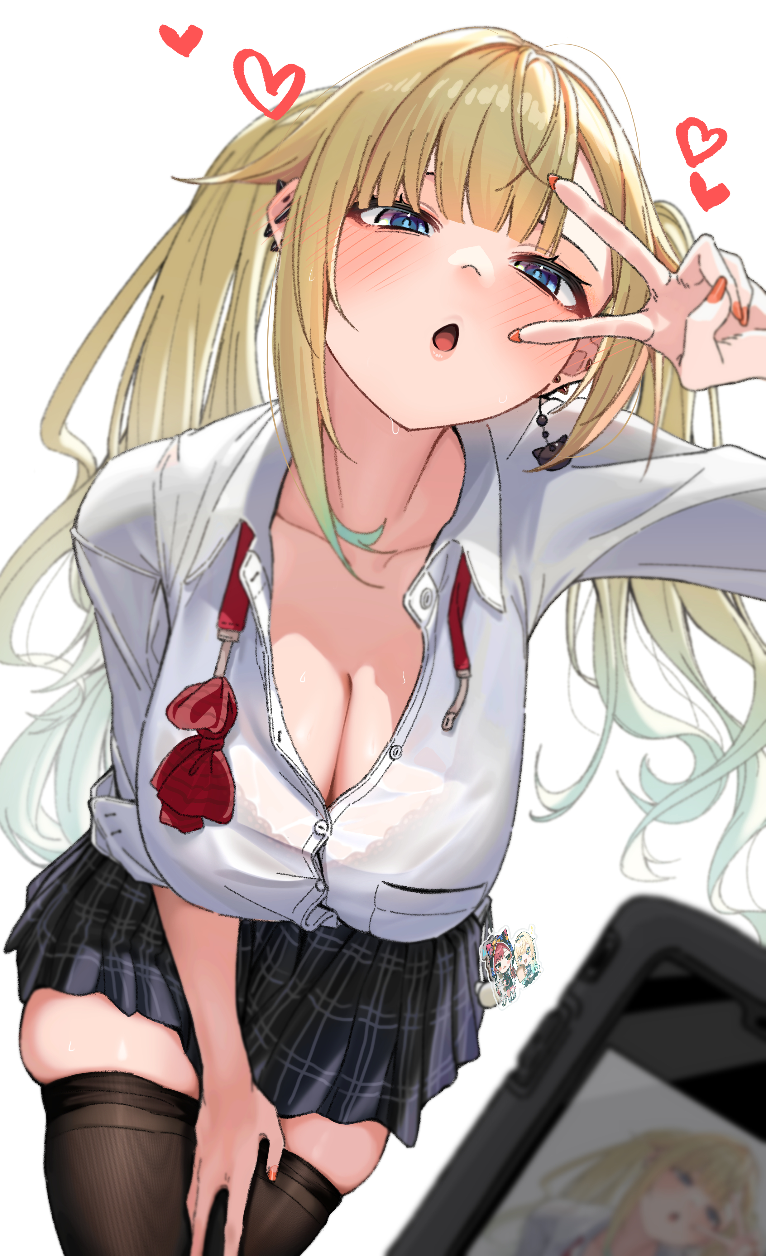 :o, 1girls, absurdres, aizawa ema, arurire, barbell piercing, bent over, black skirt, blonde hair, blue eyes, blue hair, blunt bangs, bow, bowtie, bra, bra visible through clothes, breasts, brown thighhighs, cat earrings, cellphone, character doll, cleavage, earrings, female, gradient hair, gyaru, hair flaps, hand on own thigh, heart, highres, jewelry, lace trim, lace-trimmed bra, large breasts, lipgloss, long hair, looking at viewer, miniskirt, multicolored hair, nail polish, nekota tsuna, open clothes, open shirt, orange nails, phone, piercing, pleated skirt, red bow, red bowtie, red bra, simple background, skindentation, skirt, smartphone, solo, spiked ear piercing, sweat, taking picture, thighhighs, twintails, underwear, v, very long hair, virtual youtuber, vspo!, white background