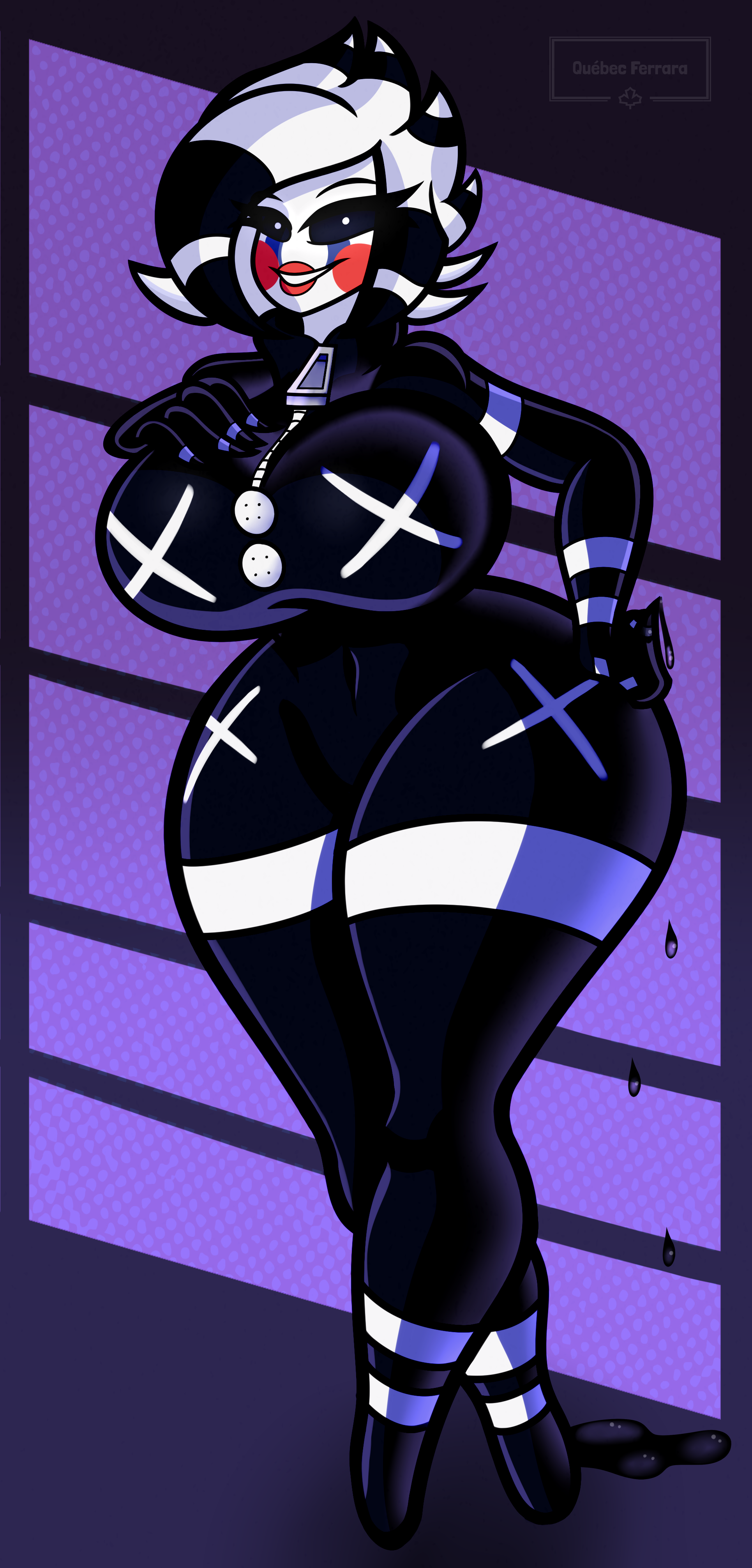 1girls, artist logo, artist name, artist signature, breasts, cryptiacurves, fazclaire's nightclub, female, female only, five nights at freddy's, fnaf, fredina's nightclub, furaffinity, ink, marie (cally3d), marie (cryptia), marionette (fnaf), puppet (fnaf), signature, simple background, smiling at viewer, smug, solo, thick thighs, thighs, watermark, white pupils, white skin