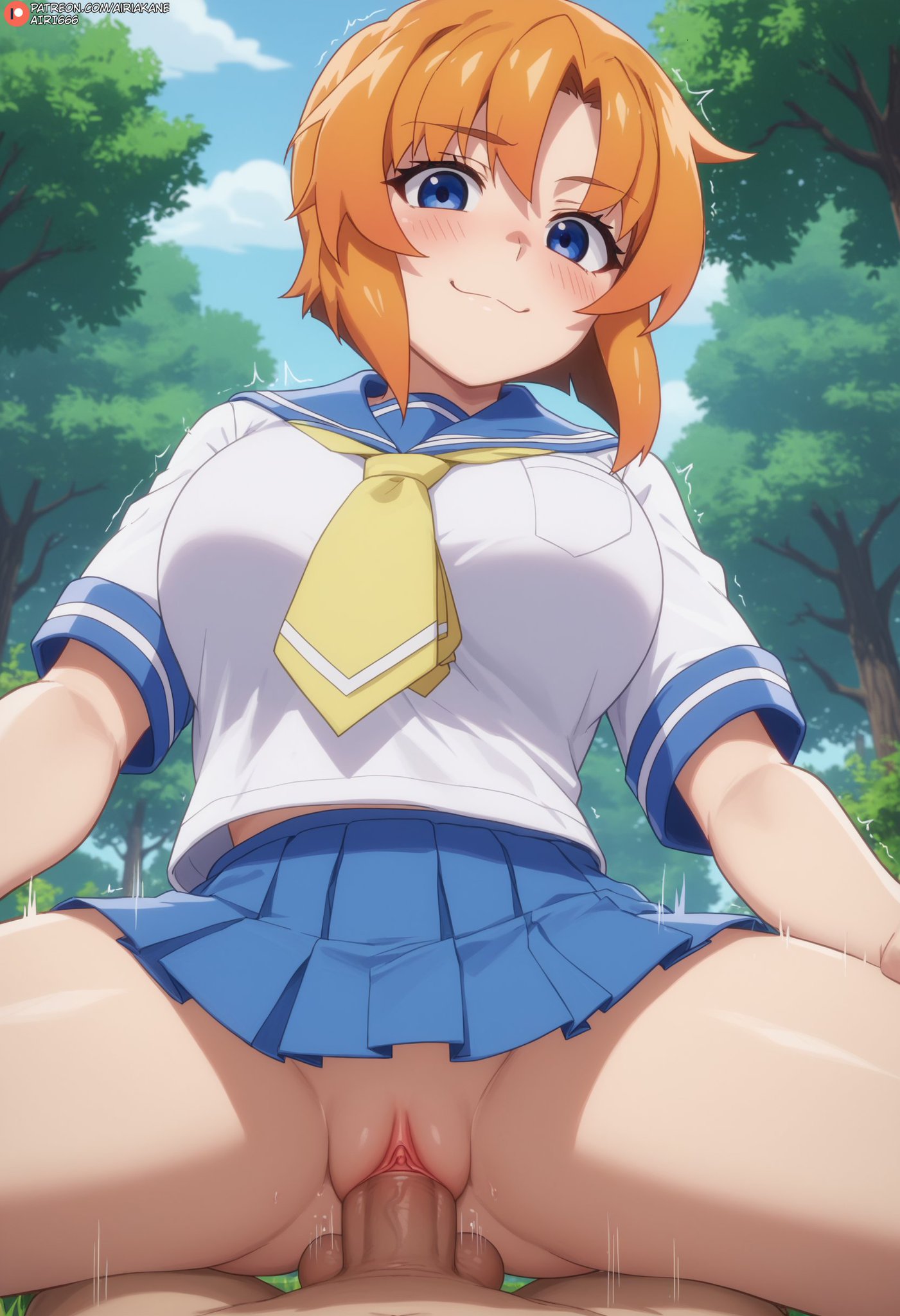 :3, 1boy, 1girls, ai generated, airiakane, balls, bare thighs, big balls, big penis, blue eyes, breasts, cowgirl position, female, higurashi no naku koro ni, huge balls, huge breasts, huge cock, huge thighs, light skin, light-skinned female, light-skinned male, looking down, male, nai diffusion, no panties, nude, nude male, orange hair, outdoors, penis, pussy, ryuuguu rena, sailor uniform, school uniform, schoolgirl, sex, short hair, skirt, smiling, squatting, sweat, sweatdrop, thick body, thick female, thick thighs, thighhighs, thighs, vaginal penetration, veiny penis, voluptuous, voluptuous female
