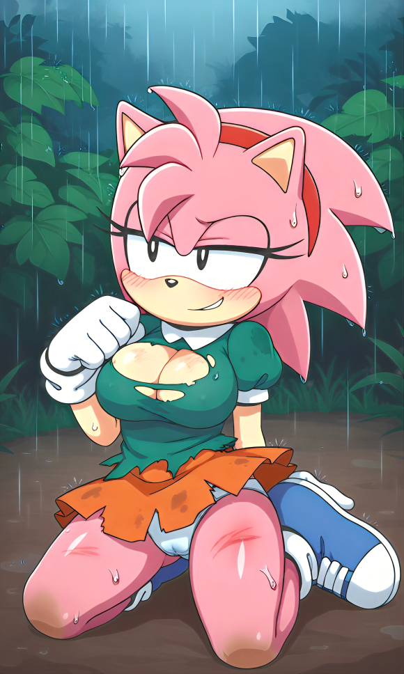 5_fingers after_battle after_fight ai_generated amy_rose anthropomorphic big_breasts black_eyes blue_shoes blush breasts_exposed classic_amy_rose collared_shirt curvy dirty female female forest green_shirt hairband hedgehog hedgehog_girl kneeling orange_skirt outdoors panties pink_fur pixai proud raining red_hairband scratches shirt shoes skirt smug socks solo sonic_(series) sonic_the_hedgehog_(series) stains thick_thighs torn_clothes torn_clothing white_panties white_socks