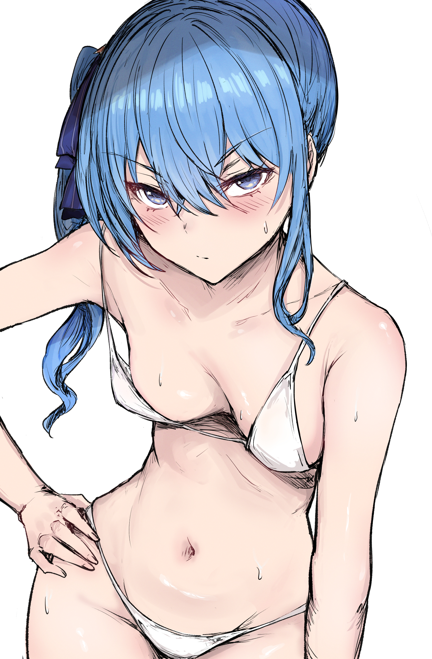 1girls, bare shoulders, blue eyes, blue hair, blush, bra, breasts, collarbone, female, female only, hair between eyes, hair ornament, hand on hip, hololive, hololive gen 0, hololive japan, hoshimachi suisei, leaning forward, long hair, looking at viewer, navel, panties, ribbon, sakiya, side ponytail, solo, solo female, sweat, underwear, virtual youtuber, white background, white bra, white panties