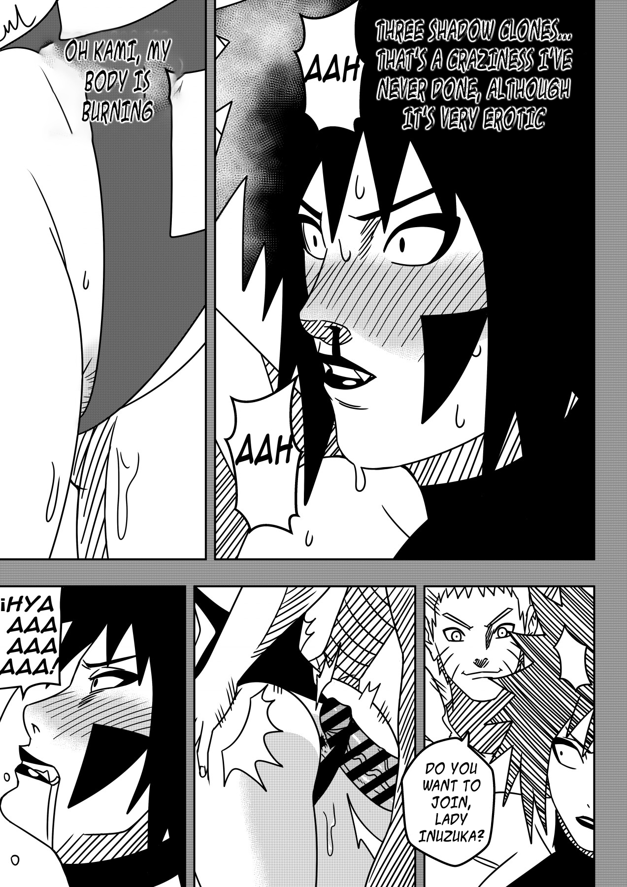 1boy, 1girls, age difference, ass, big ass, blood, blush, caught off guard, clenched teeth, comic, dialogue, drooling, endured face, english text, facepaint, female, grabbing, grabbing from behind, horny, horny female, imminent penetration, imminent sex, inuzuka tsume, legs together, lipstick, long sleeves, makeup, male, mature, mature female, milf, monochrome, naruto, naruto (series), naruto shippuden, naruto: the last, ninrubio, nosebleed, older female, one-piece swimsuit, penis, saliva, short hair, story, sweat, sweatdrop, sweating, swimsuit, swimsuit aside, thick thighs, uzumaki naruto, voluptuous, voyeur, voyeurism, younger male
