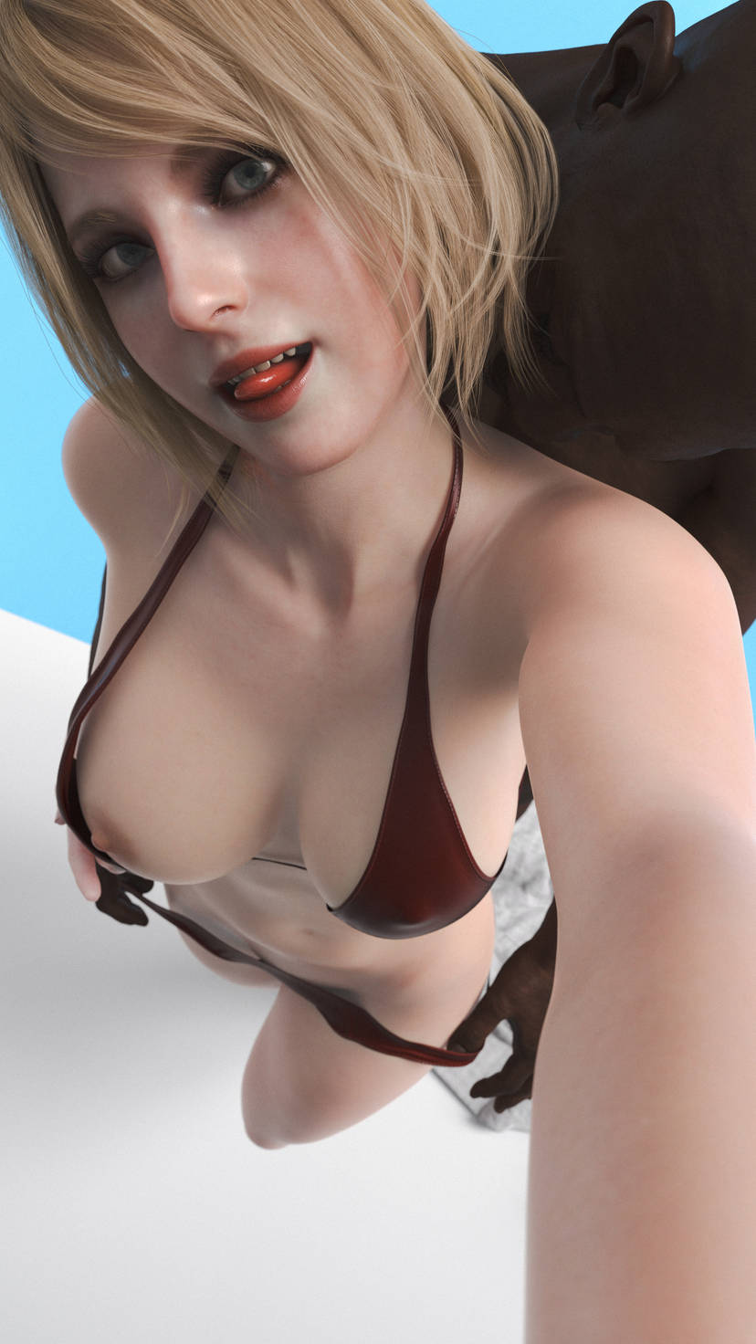 1boy, 1girls, 3d, ashley graham, bikini, blonde hair, dark skin, dark-skinned male, daz studio, female, interracial, male, nightr4ccoon, red bikini, resident evil, resident evil 4, swimsuit