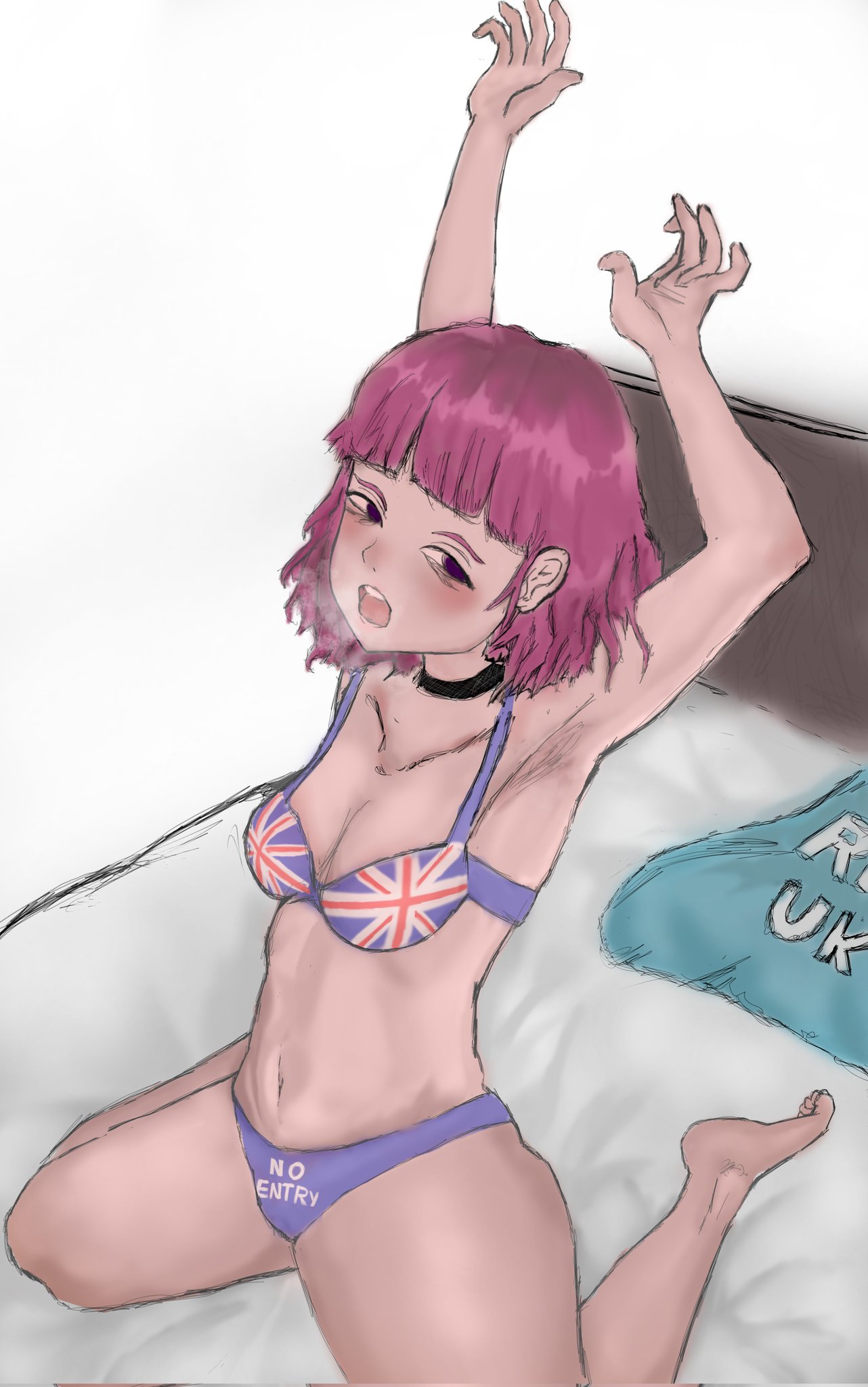 1girls, 2d, 2d (artwork), amelia (pathways), bed, blank background, bra, bra and panties, british, british female, british flag, choker, looking to side, on bed, on bedroom, panties, pathways (game), slight blush, snine, solo, solo female, steamy breath, text, text on panties, white background