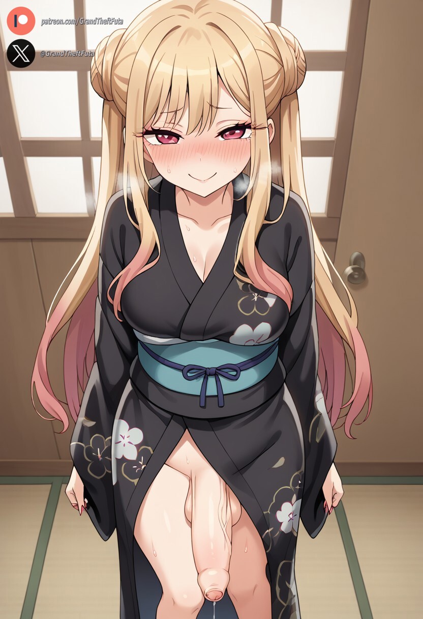 1futa ai_generated balls big_penis blonde_hair blush cock dickgirl flaccid futa_only futanari high-angle_view huge_cock indoors kimono kitagawa_marin light-skinned_futanari light_skin looking_at_viewer medium_breasts penis precum red_eyes roxygtf smug solo sono_bisque_doll_wa_koi_wo_suru standing sweat sweating sweaty_body