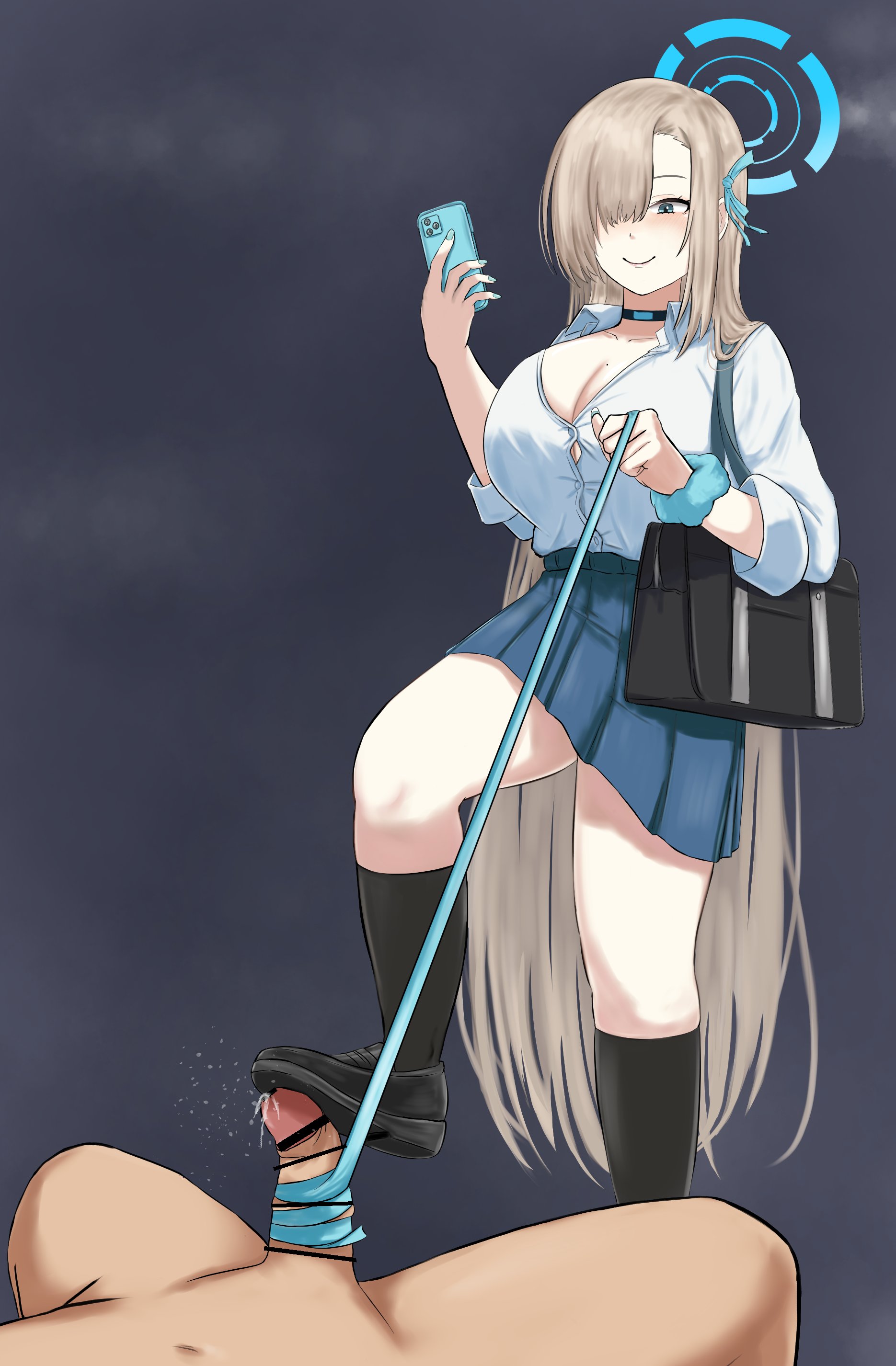1boy, 1girls, asuna (blue archive), black socks, blonde hair, blue archive, blue eyes, blush, breasts, cleaning & clearing (blue archive), clothed female nude male, female, femdom, halo, huge breasts, leashed, light skin, light-skinned female, light-skinned male, looking at penis, male, malesub, millennium science school student, penis, phone, risurero (risurero6), shirt, shoe, skirt, smartphone, smile, socks, stepped on, stepping on penis, white shirt