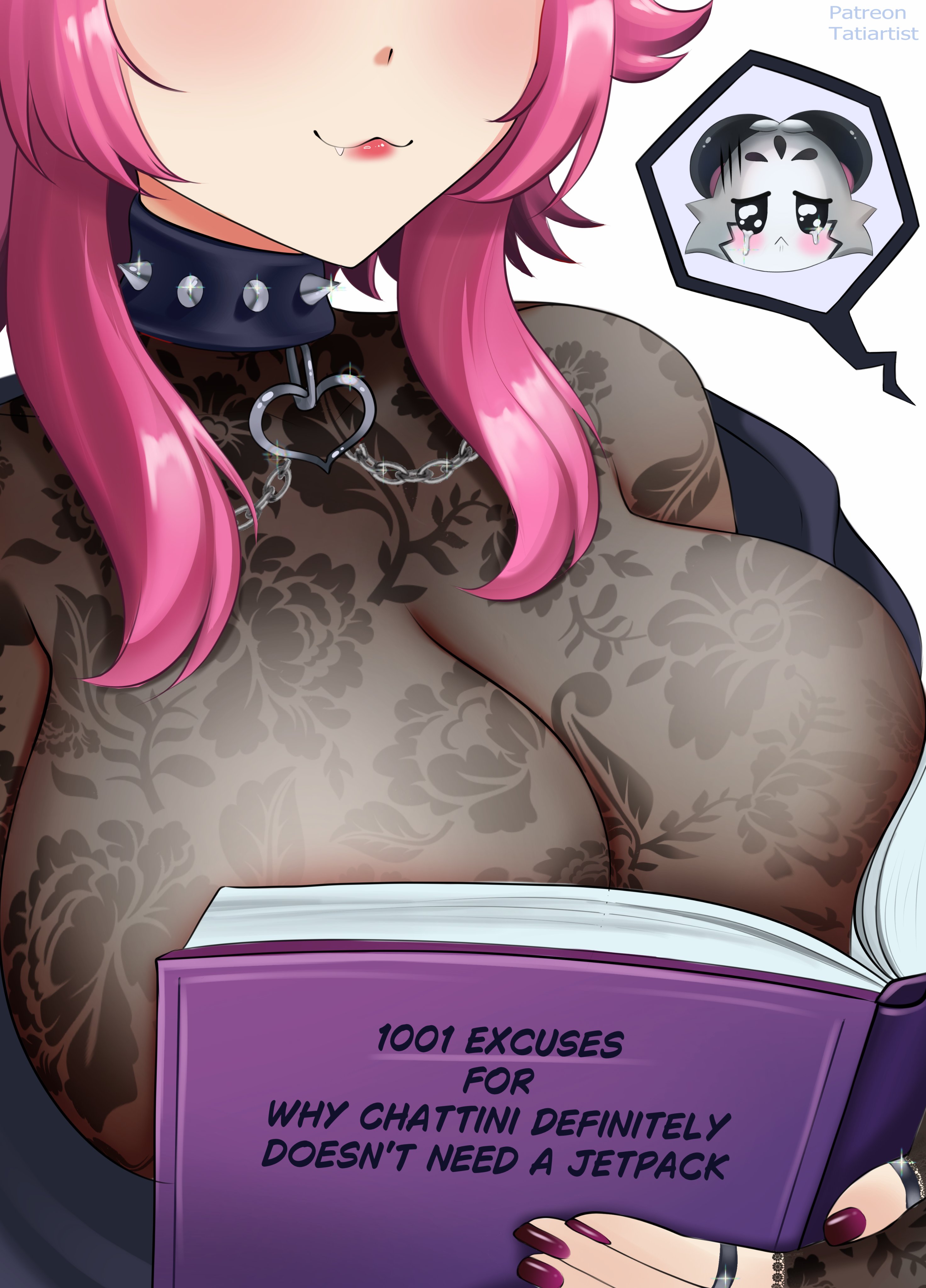 2d, benchikart, big breasts, book, book covering breasts, breasts, busty, chattino (raora panthera), choker, cleavage, english text, fan mascot (vtuber), female, female focus, female only, fingerless gloves, goth, goth girl, hololive, hololive english, hololive english -justice-, hololive justice, humor, large breasts, light skin, light-skinned female, meme, meme reference, ouch meme, painted nails, pink hair, raora gothera, raora panthera, ring, tagme, tati, text, virtual youtuber, vtuber