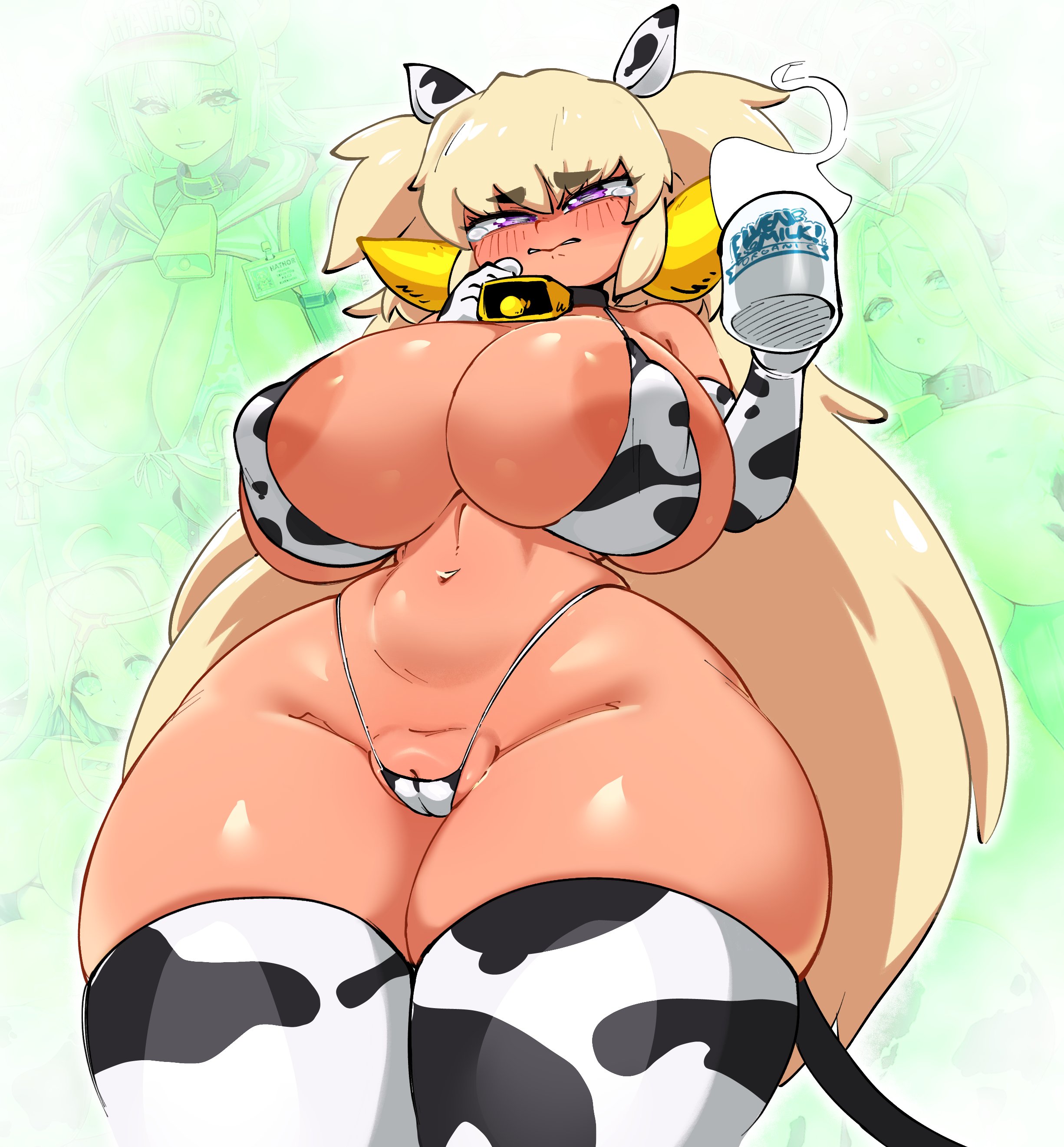 1girls, alternate version available, areolae, ass, big ass, big breasts, bikini, blonde hair, blushing, breasts, child bearing hips, cow ears, cow print, cow tail, embarrassed, fat pussy, female, horns, hourglass figure, jellot, long hair, milk, nipple bulge, puffy pussy, purple eyes, pussy, pussy peek, suxowell, tagme, tan body, thick thighs, thighhighs, thong, wide hips