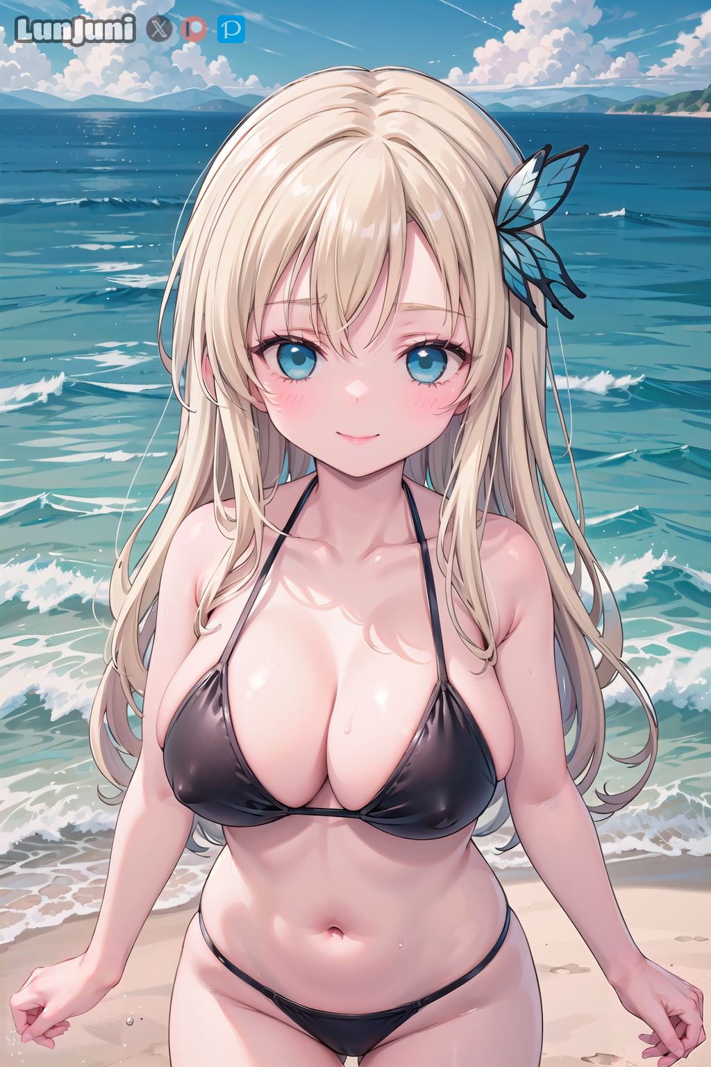 1girls ai_generated beach big_breasts bikini bikini_bottom bikini_top black_bikini blonde_hair blue_eyes blush boku_wa_tomodachi_ga_sukunai butterfly_hair_ornament cute embarrassed eyebrows_visible_through_hair female female_only front_view hair_between_eyes hair_ornament hi_res highres large_breasts light-skinned_female light_skin long_hair looking_at_viewer lunjuni outdoors sena_kashiwazaki sidelocks smile solo stable_diffusion standing tagme thick_thighs watermark