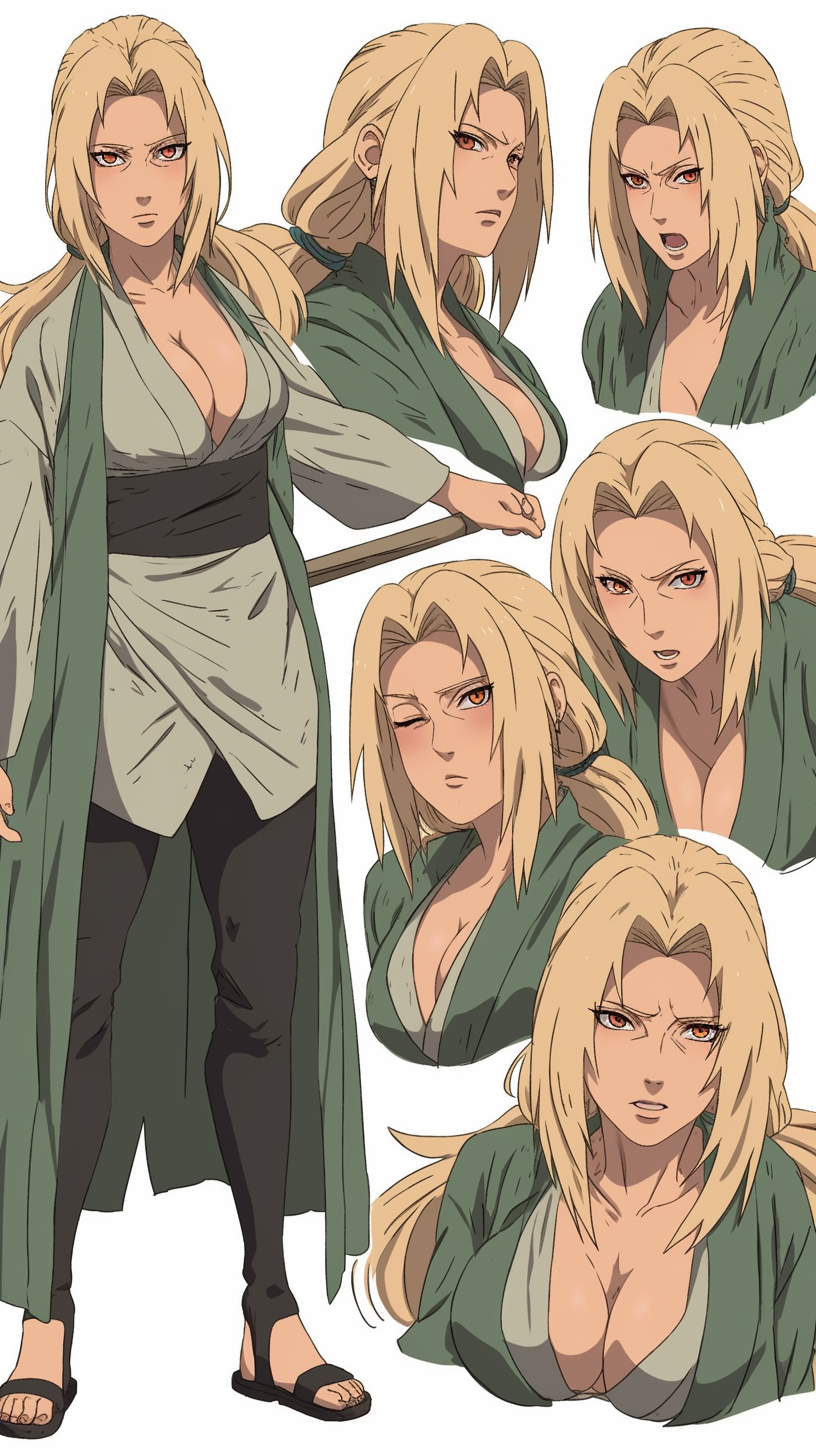 1girls, ai generated, beautiful, big breasts, blonde hair, blush, breasts, brown eyes, cleavage, feet, female, gilf, light skin, light-skinned female, mature female, milf, naruto, naruto (series), sandals, solo, tagme, toes, tsunade
