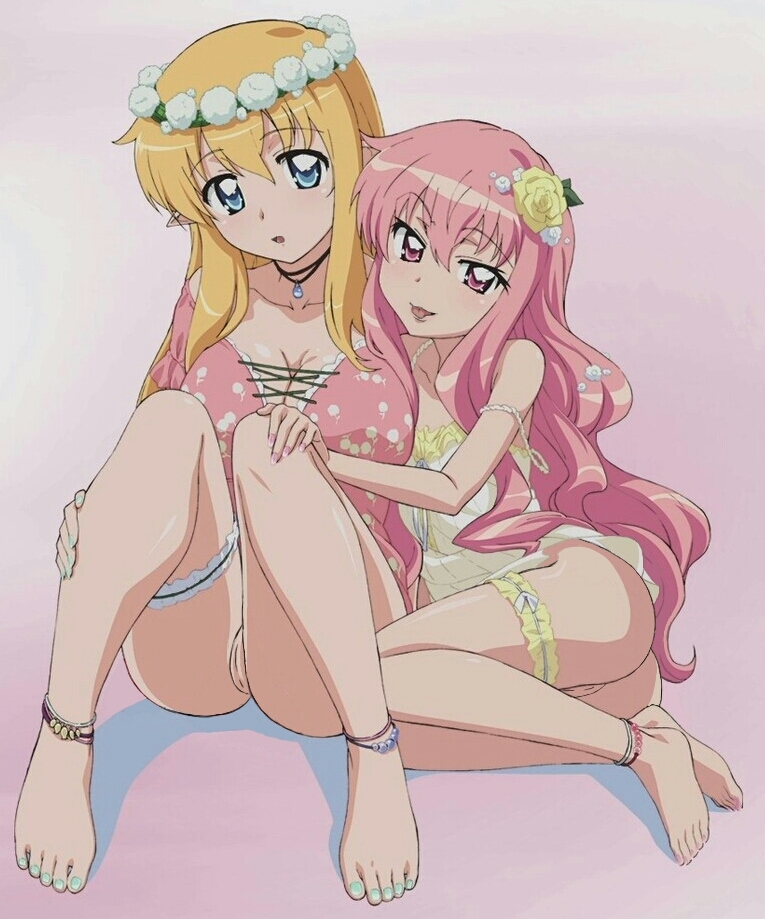 2girls anklet babydoll barefoot blonde_hair blue_eyes breasts cleavage clothing cover dvd_cover edit elf feet female flower frills hair_flower hair_ornament head_wreath jewelry large_breasts long_hair louise_francoise_le_blanc_de_la_valliere multiple_girls nail_polish naughty_face necklace no_panties official_art pink_eyes pink_hair pointy_ears pussy sitting strap_slip tiffania_westwood toenail_polish toes tongue uncensored zero_no_tsukaima