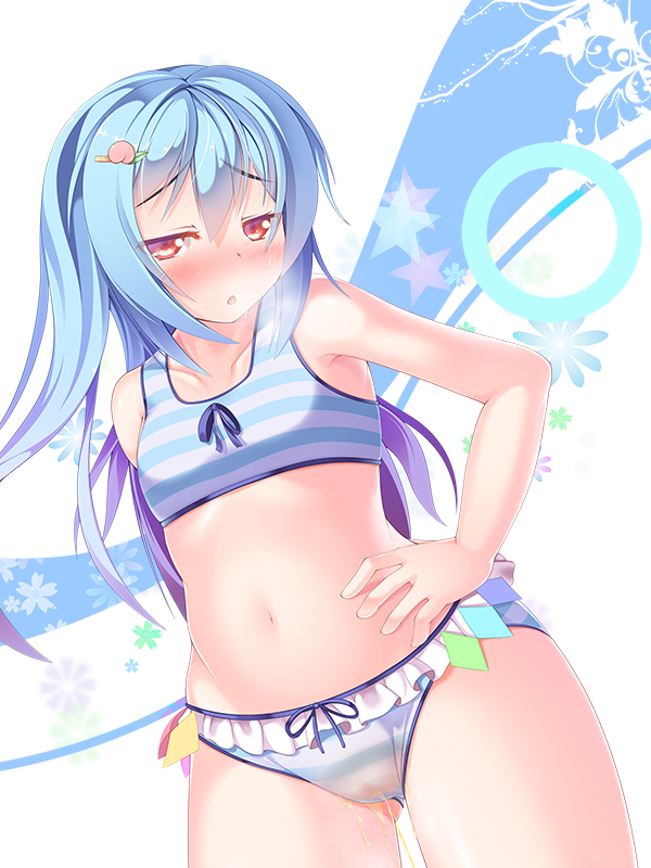 :o blue_hair blush bra cameltoe circle collarbone curvy dragoner embarrassed female food fruit hair_ornament hairclip long_hair looking_at_viewer panties peach_(fruit) peeing red_eyes sad small_breasts solo striped striped_bra striped_panties tenshi_hinanawi touhou underwear