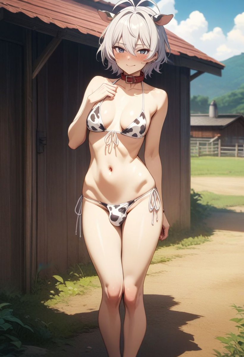 1futa ai_generated bikini bikini_bottom bikini_top blush breasts bulge bulge_through_clothing collar cow_ears cow_girl cow_print farm futanari girly small_breasts verybadboye white_hair