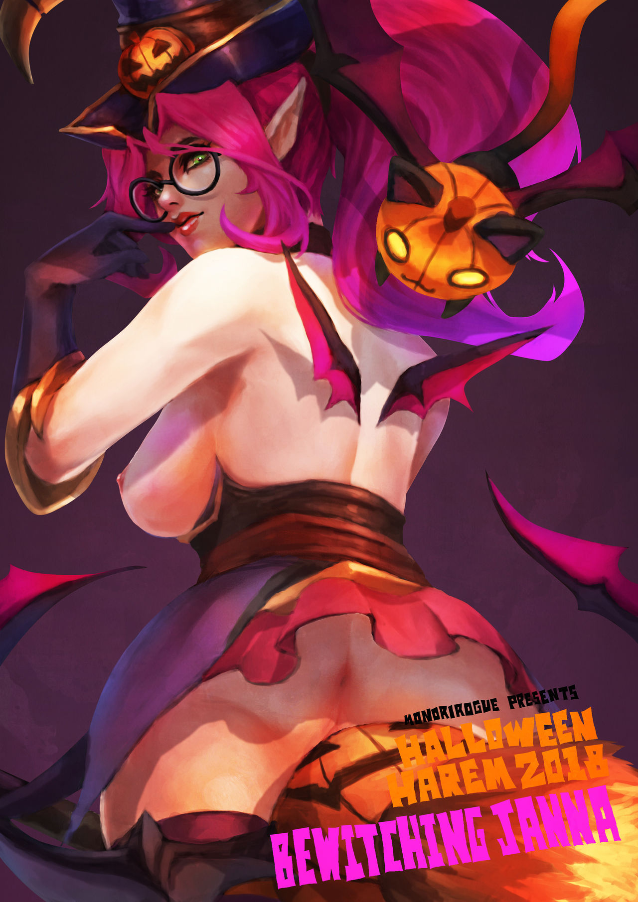 bewitching_janna big_breasts breasts_out broom glasses green_eyes halloween harrowing_series janna_windforce league_of_legends monorirogue riot_games round_glasses tales_from_the_rift_series witch witch_costume witch_hat