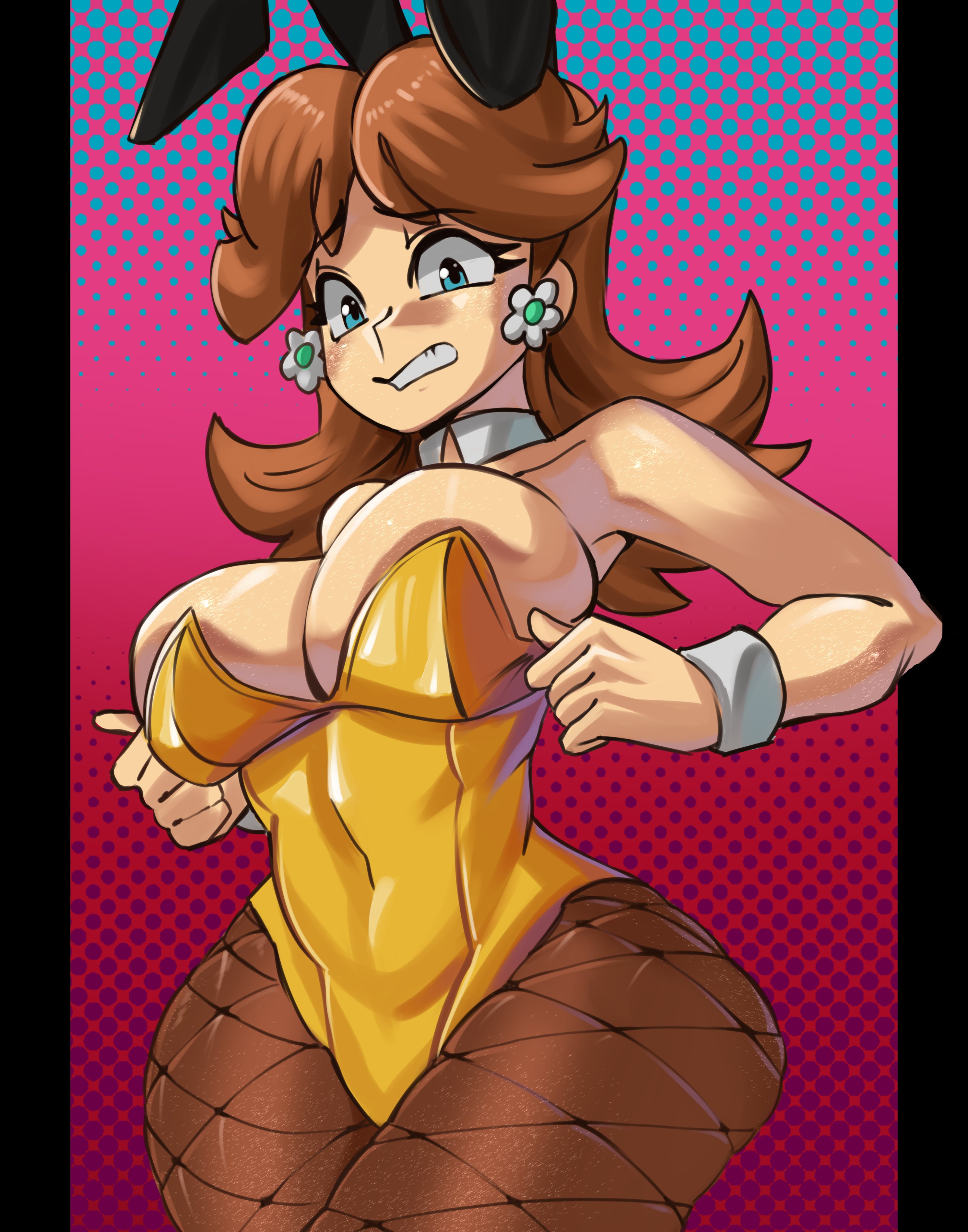 1girls, alternate costume, big breasts, breasts, brown hair, bunnysuit, colorful, female, female only, fishnets, mario (series), moxydrawsmore, nervous expression, nintendo, pantyhose, princess daisy, solo, thick thighs, yellow leotard