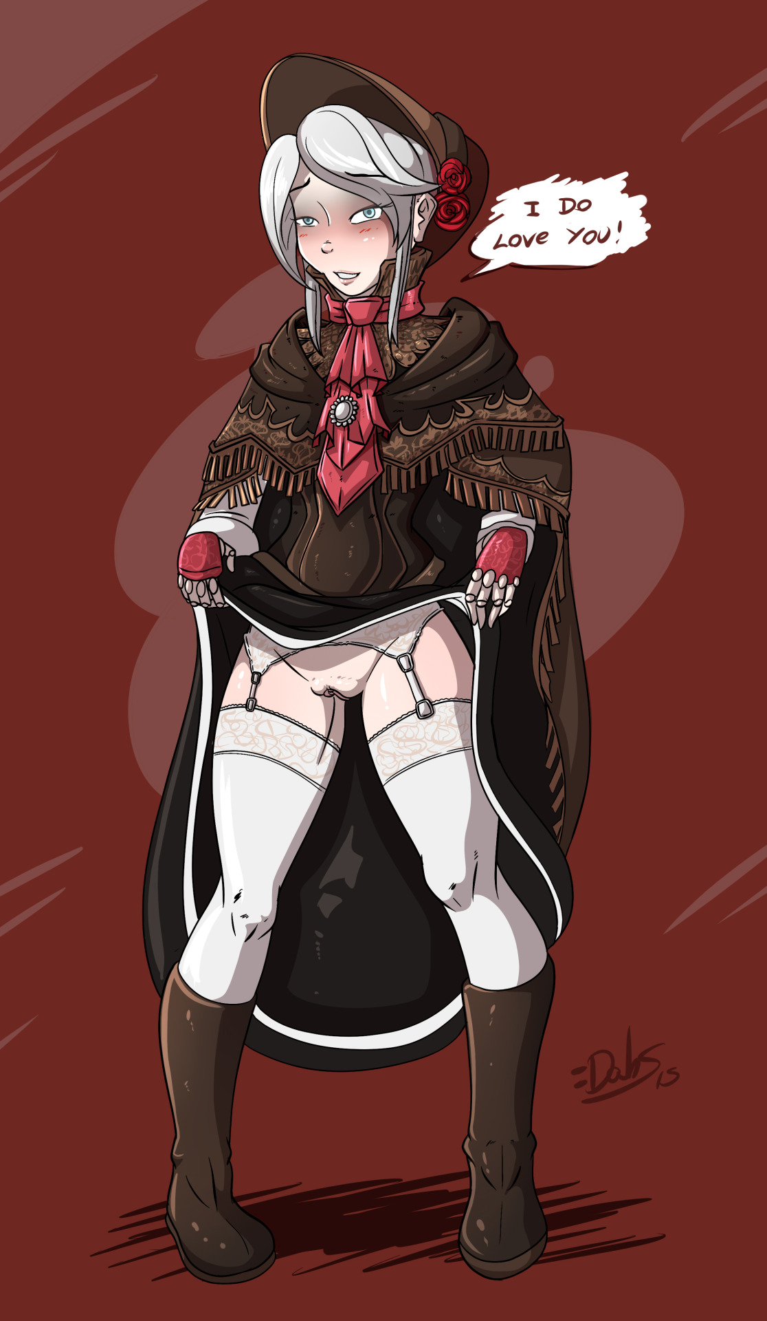 1girls, 2015, 2d, bangs, bloodborne, blue eyes, blush, bonnet, boots, bottomless, breasts, cloak, clothing, dahs, dialogue, doll, doll joints, dress, dress lift, english text, female, female only, fromsoftware, garter belt, garter straps, lingerie, lingerie under clothes, looking at viewer, nipples, parted bangs, parted lips, plain doll, presenting, presenting pussy, pussy, rose, shaved pussy, shawl, short hair, skirt, skirt lift, skirt set, smile, solo, solo female, speech bubble, standing, stockings, text, thighhighs, white hair, white legwear