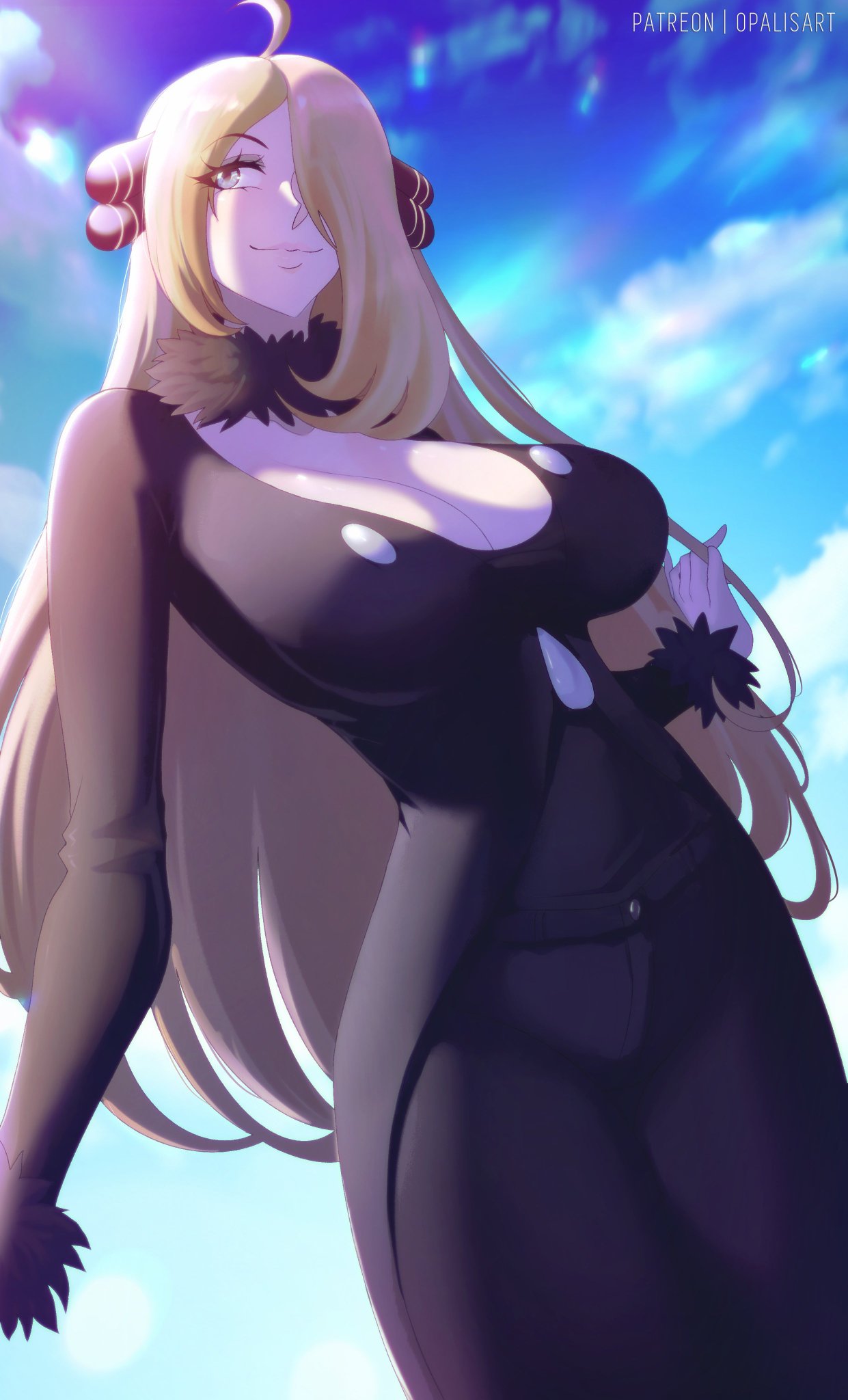 1girls ahoge big_breasts blonde_hair blush clothed clothing color cynthia_(pokemon) female female_focus female_only fur_collar game_freak hi_res large_breasts light-skinned_female light_skin long_hair nintendo opalisart pokemon pokemon_champion pokemon_dppt pokemon_trainer solo solo_female tagme thick_thighs