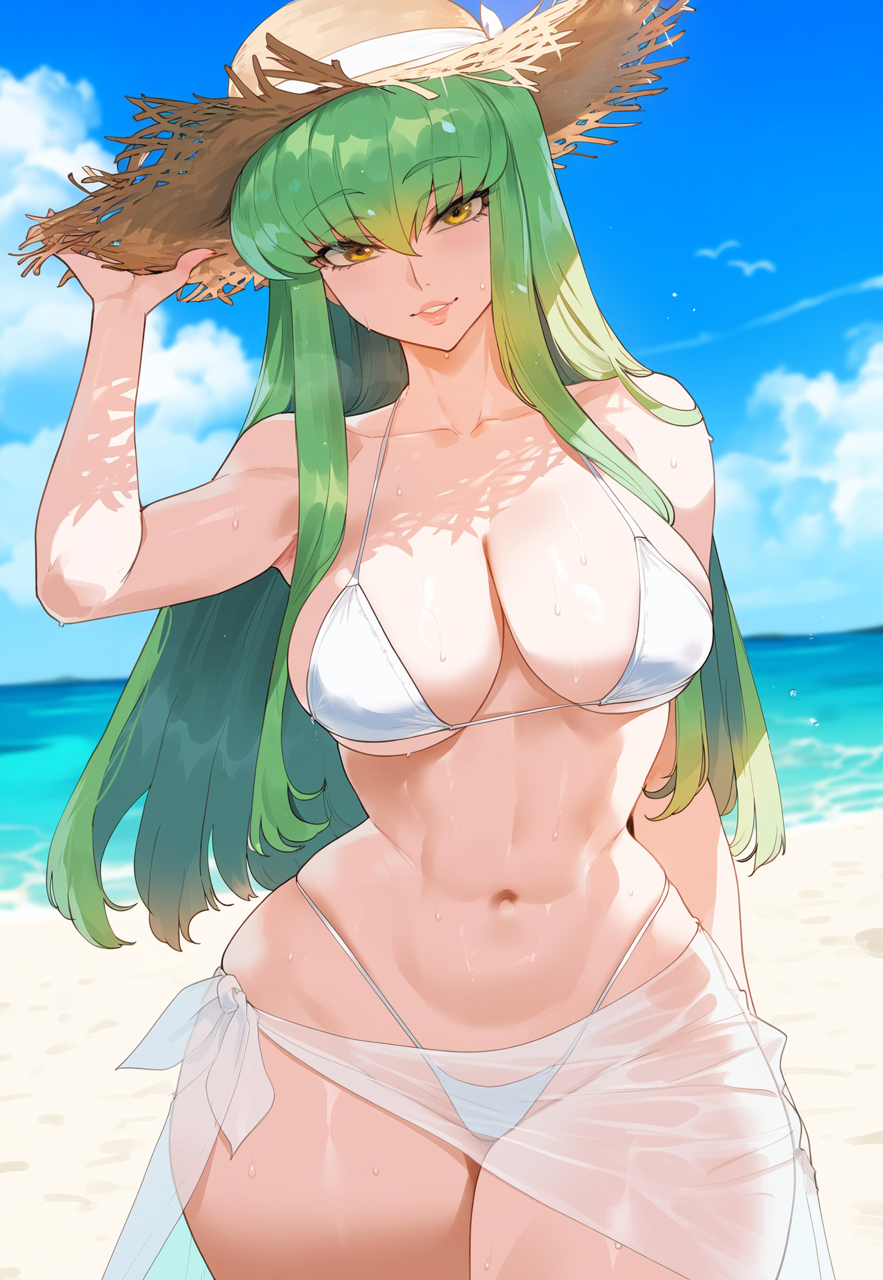 1girls, ai generated, beach, bikini, breasts, c.c., cleavage, code geass, creamy ai, curvy, female, green hair, large breasts, long hair, narrow waist, navel, sarong, see-through, solo, straw hat, thick thighs, white bikini, wide hips, yellow eyes