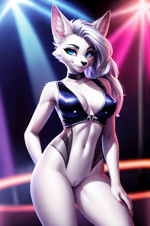 1girls 2024 ai_generated anthro blue_clothing blue_eyes bottomless bottomless_female breasts canine chocker cleavage club curvy_female curvy_figure female female_only furry hand_on_thigh inner_ear_fluff innie_pussy long_hair looking_at_viewer on_stage pussy see-through_clothing silver_hair smile strip_club stripper white_fur wolf wolf_ears