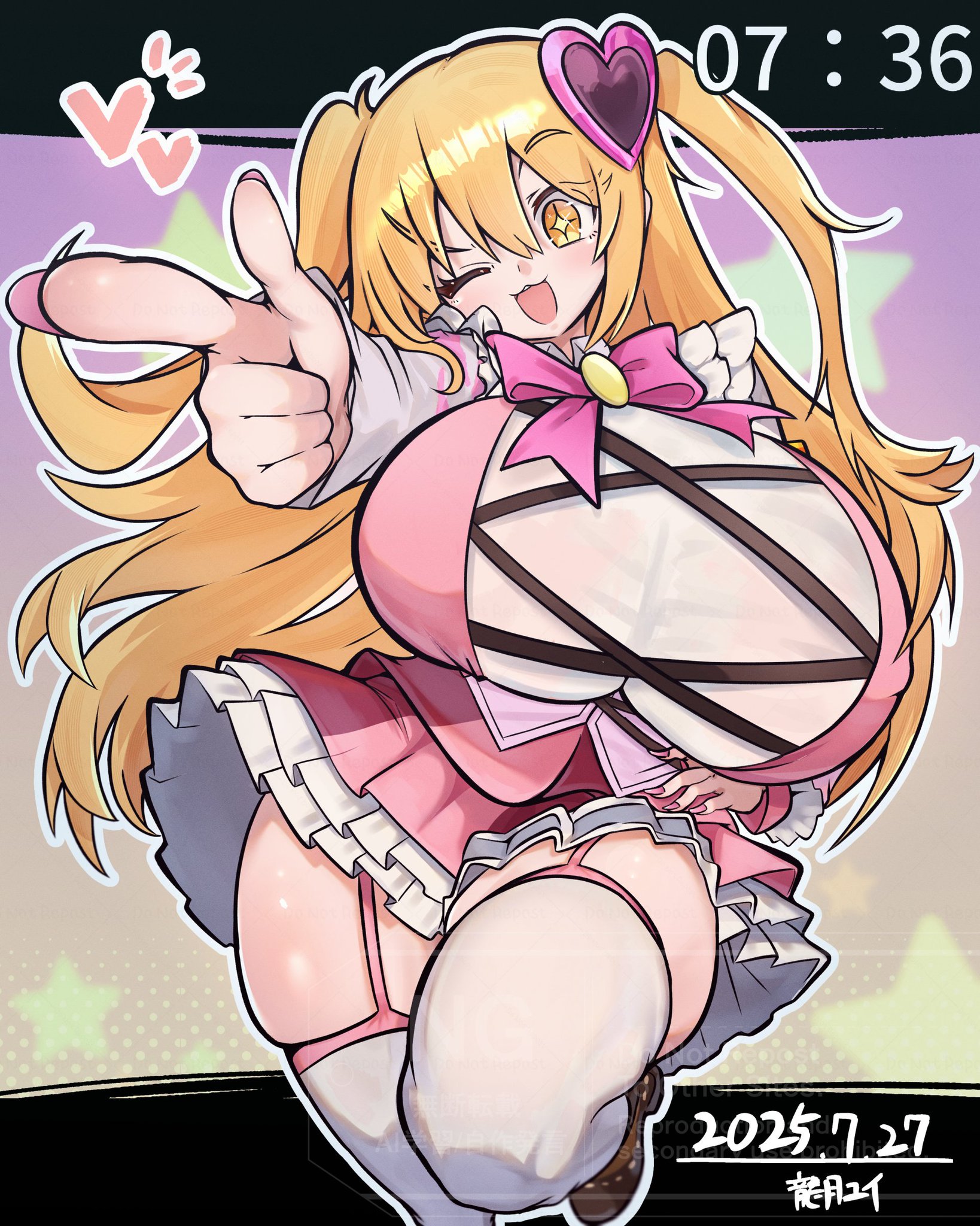 :3, 1girls, artist name, blonde hair, breasts, dated, don quixote (limbus company), e.g.o (project moon), eyebrows visible through hair, female, female only, garter belt, garter straps, gigantic breasts, hair ornament, heart hair ornament, huge breasts, in the name of love and hate (e.g.o), limbus company, magical girl, massive breasts, one eye closed, one leg up, painted nails, possessed, possession, project moon, queen of hatred, shoes, skirt, smile, solo, star-shaped pupils, symbol-shaped pupils, tdragono 1011, thick thighs, thighhighs, wink, yellow eyes