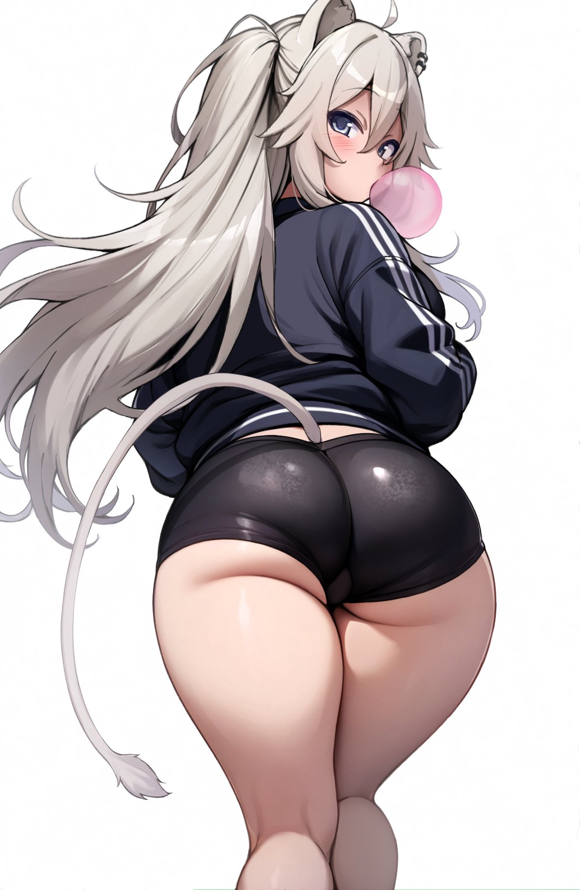 1girls ai_generated black_spats blush bubble_gum bubblegum female from_behind hololive large_ass large_thighs looking_back shishiro_botan spats thick_thighs track_uniform virtual_youtuber wide_hips