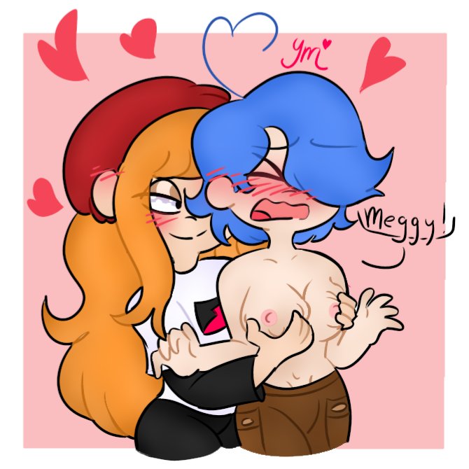 2girls boobs_out embarrassed grabbing_breasts hearts_around_head human_meggy meggy_spletzer multiple_girls shy_female smg4 smirking_at_partner sugar_gum tari_(smg4) topless_female