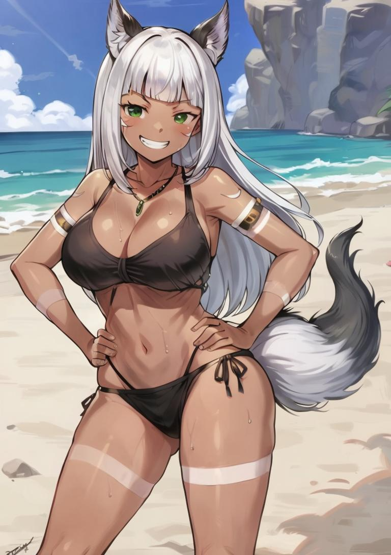 ai_generated beach big_breasts black_bikini dark-skinned_female ochette_(octopath_traveler_2) octopath_traveler_2