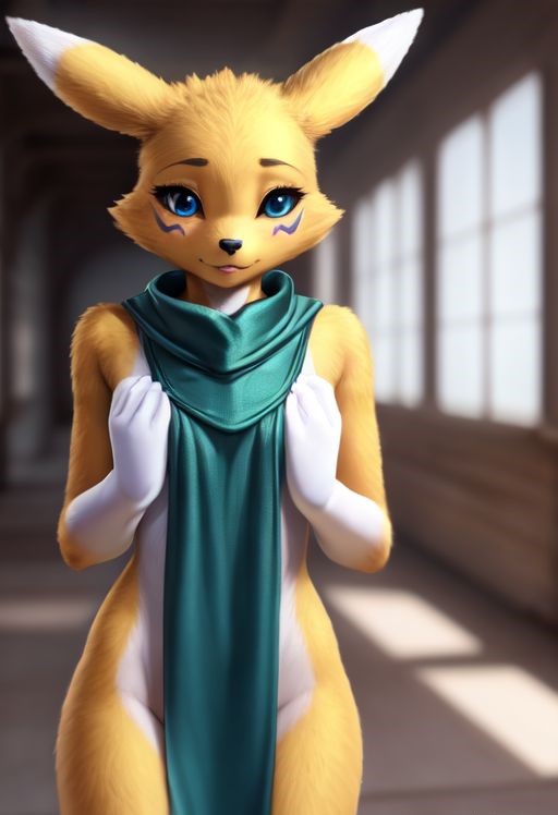 1girls 2024 ai_generated anthro bandai_namco black_sclera blue_eyes blurry_background canine covering_breasts cute digimon digimon_(species) female female_focus female_only fox gloves_(marking) green_clothing hands_on_breasts indoors looking_at_viewer mostly_nude nude nude_female nude_underneath renamon shy shy_smile smaller_female smile tabard tabard_only white_fur yellow_fur