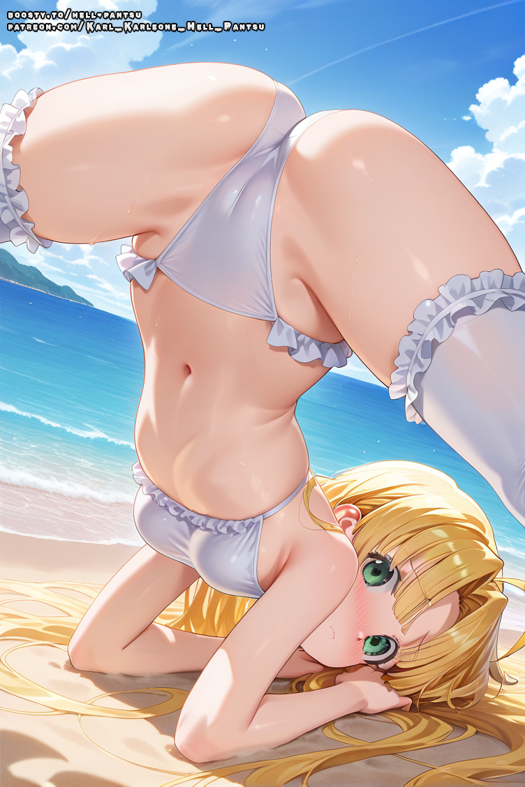 ahoge ai_generated asia_argento bikini blonde_hair female green_eyes hell-pantsu high_school_dxd long_hair small_breasts solo