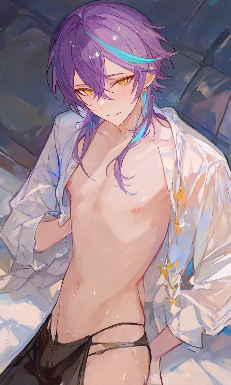 1boy 1male ai_generated bulging cyan_streaks kamishiro_rui male_only medium_hair pekpeknamasarap project_sekai purple_hair rui_kamishiro smile smiling solo sweating tagme underwear