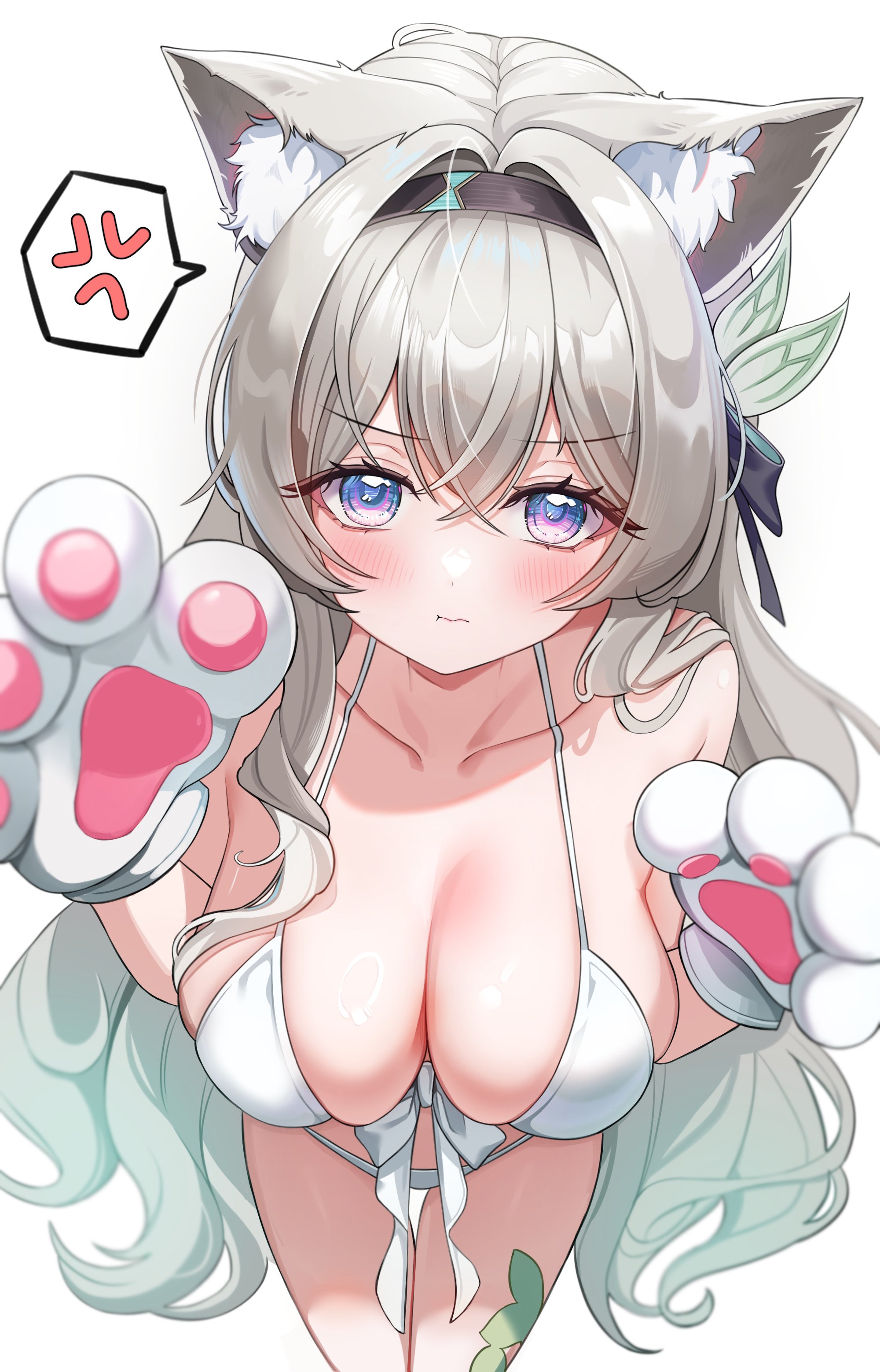 absurdres, anger vein, animal ear fluff, animal ears, animal hands, aqua hair, bikini, black hairband, blush, breasts, cat ears, cat girl, cleavage, closed mouth, cute, female, firefly (honkai: star rail), gloves, gradient hair, grey hair, hairband, highres, honkai (series), honkai: star rail, kemonomimi, kemonomimi mode, large breasts, long hair, multicolored hair, paw gloves, pawpads, pout, purple eyes, simple background, skindentation, solo, speech bubble, spoken anger vein, suisen (suisenhwa), swimsuit, white background, white bikini, white gloves